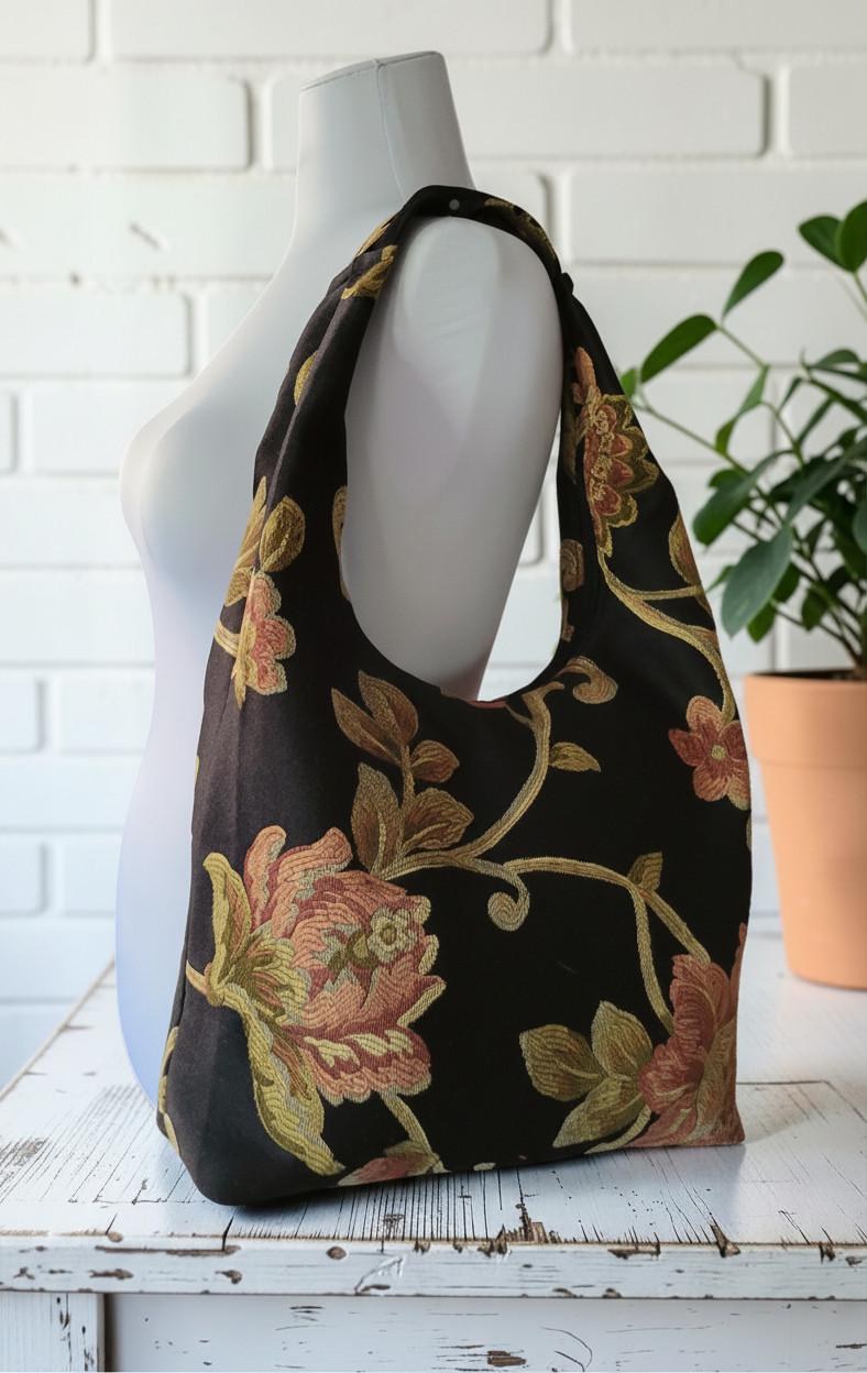 Floral Tapestry Hobo Bag, Black Shoulder Purse, Zipper Tote, Vintage Jacquard Bag, Cottagecore Handbag, view 16