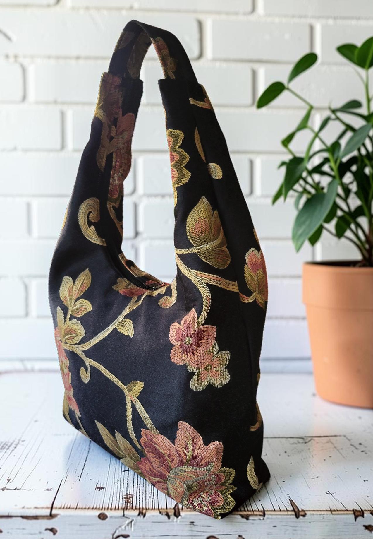 Floral Tapestry Hobo Bag, Black Shoulder Purse, Zipper Tote, Vintage Jacquard Bag, Cottagecore Handbag, view 2