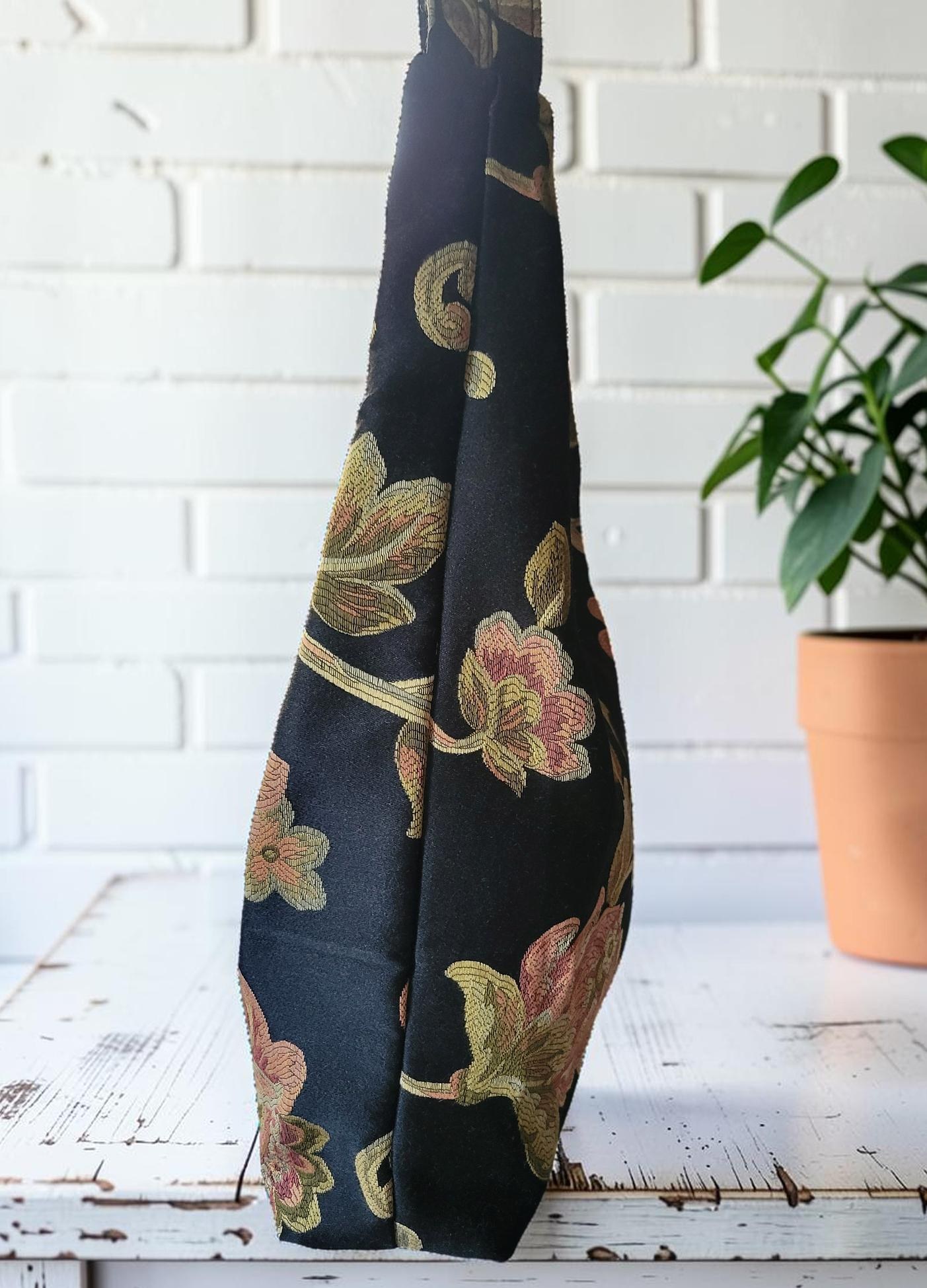 Floral Tapestry Hobo Bag, Black Shoulder Purse, Zipper Tote, Vintage Jacquard Bag, Cottagecore Handbag, view 3
