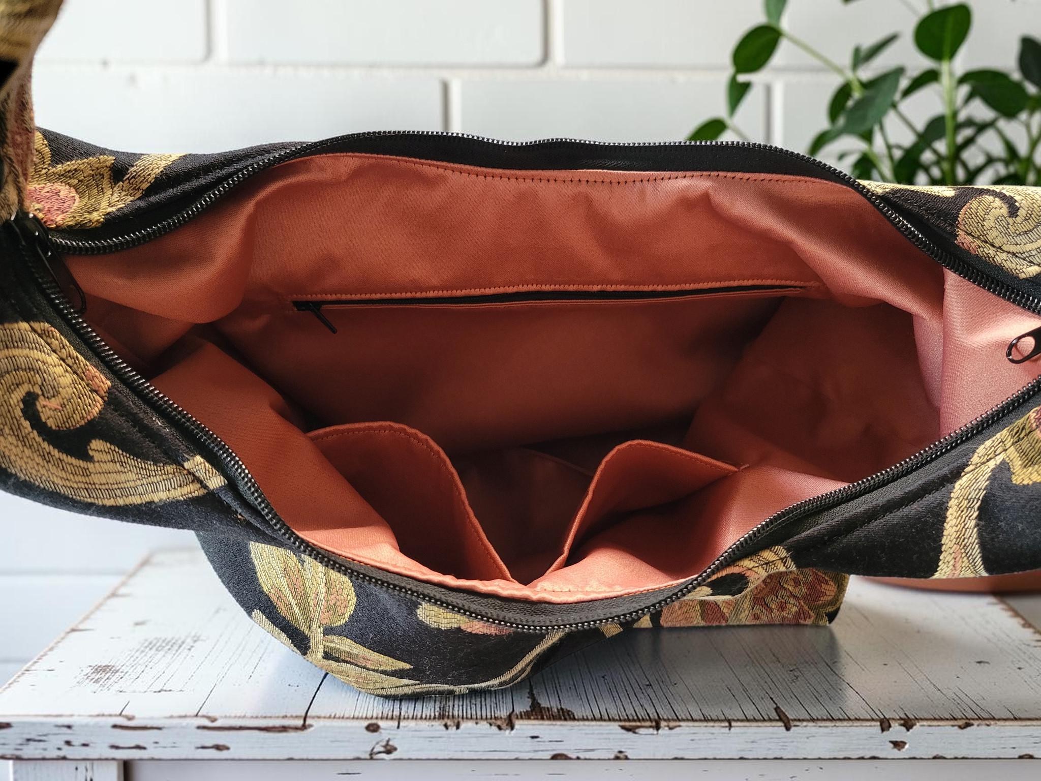 Floral Tapestry Hobo Bag, Black Shoulder Purse, Zipper Tote, Vintage Jacquard Bag, Cottagecore Handbag, view 4