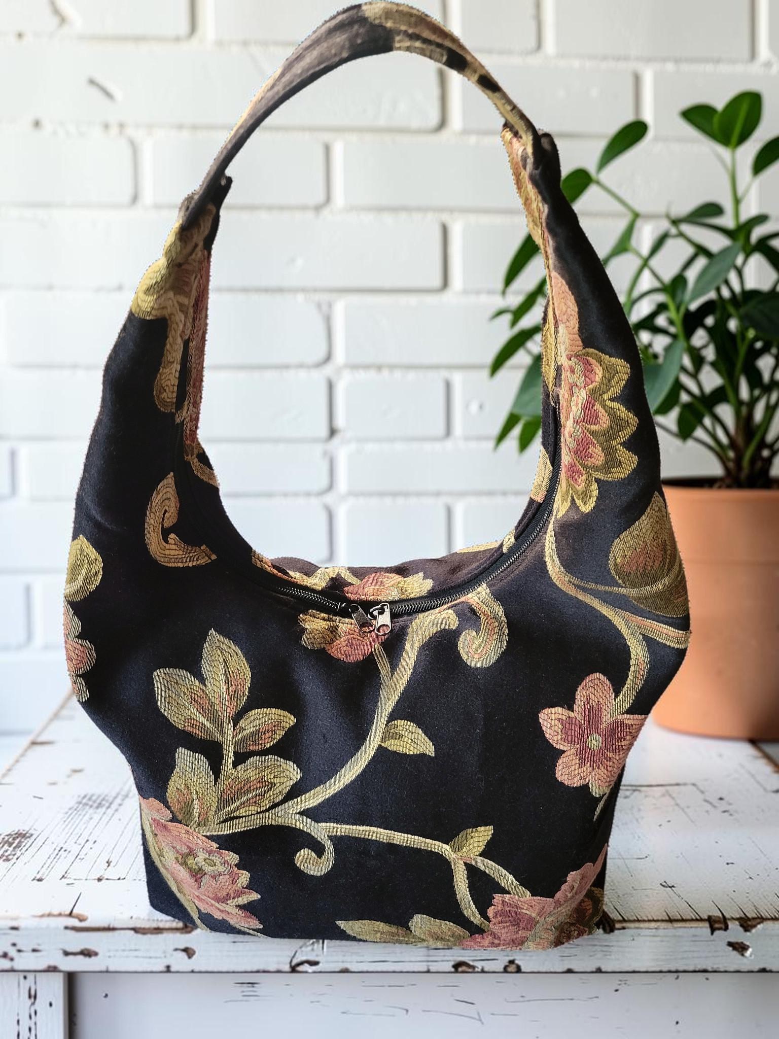 Floral Tapestry Hobo Bag, Black Shoulder Purse, Zipper Tote, Vintage Jacquard Bag, Cottagecore Handbag, view 5