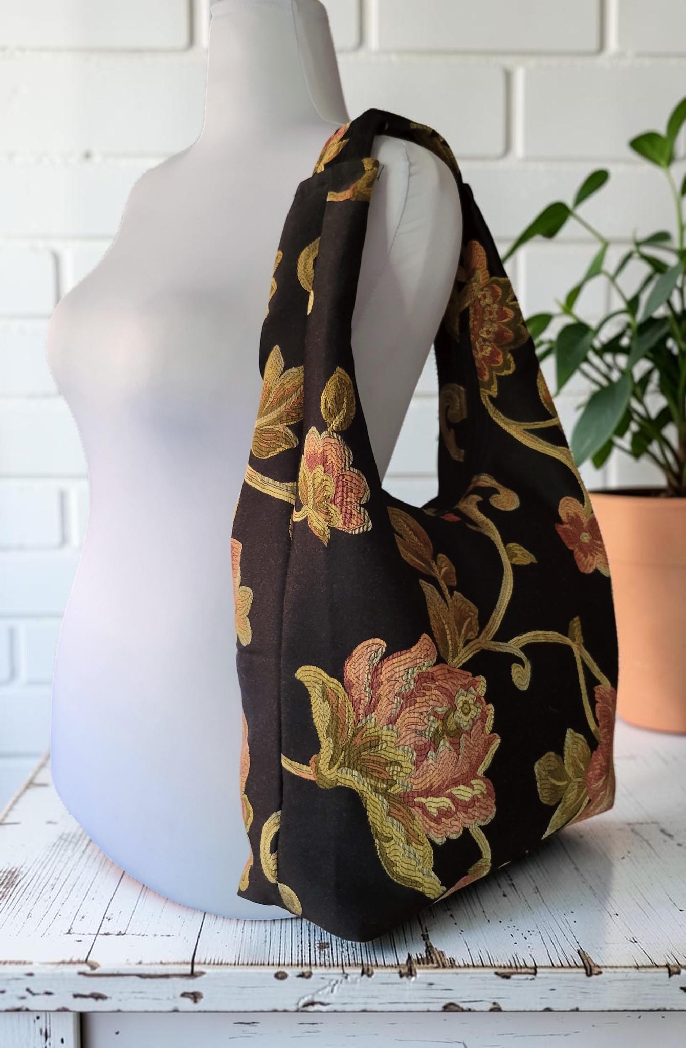 Floral Tapestry Hobo Bag, Black Shoulder Purse, Zipper Tote, Vintage Jacquard Bag, Cottagecore Handbag, view 6