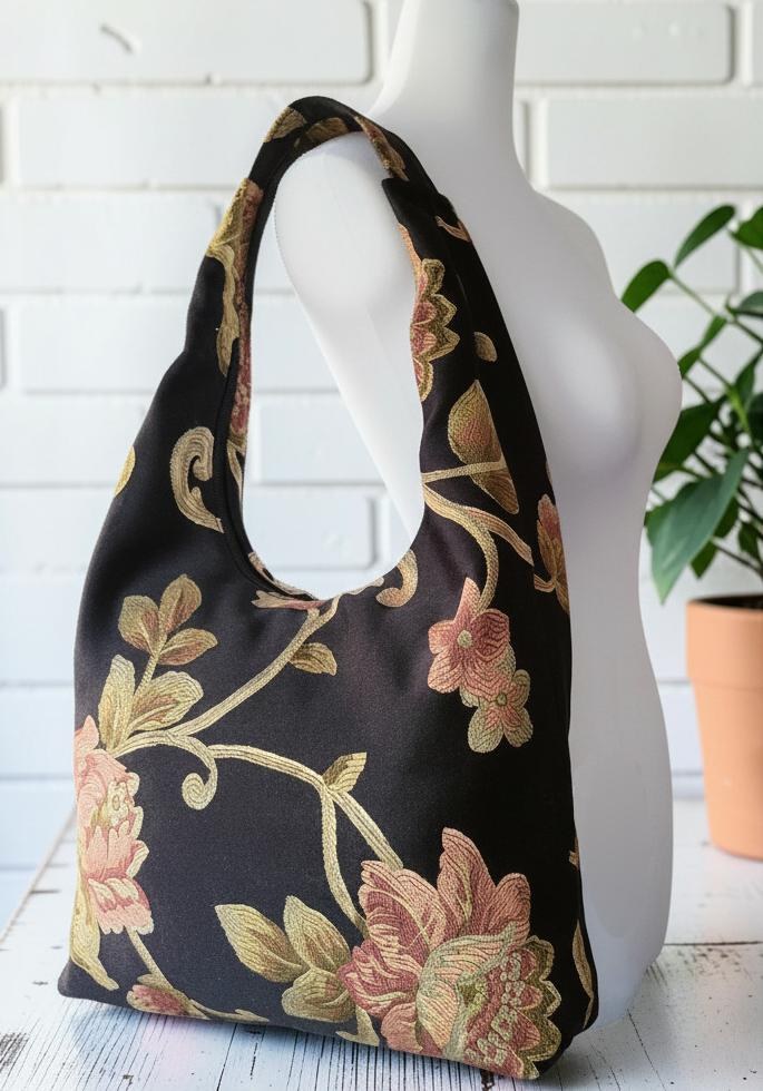 Floral Tapestry Hobo Bag, Black Shoulder Purse, Zipper Tote, Vintage Jacquard Bag, Cottagecore Handbag, view 7