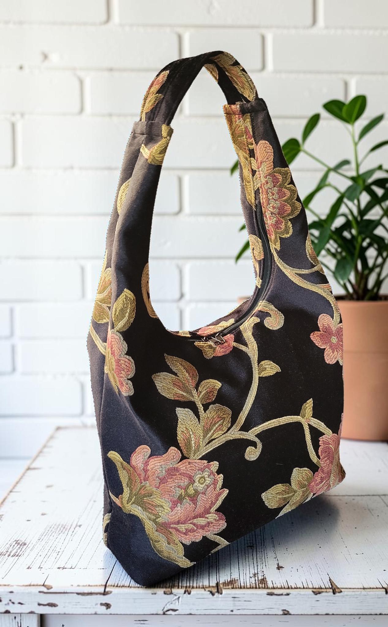 Floral Tapestry Hobo Bag, Black Shoulder Purse, Zipper Tote, Vintage Jacquard Bag, Cottagecore Handbag, view 8