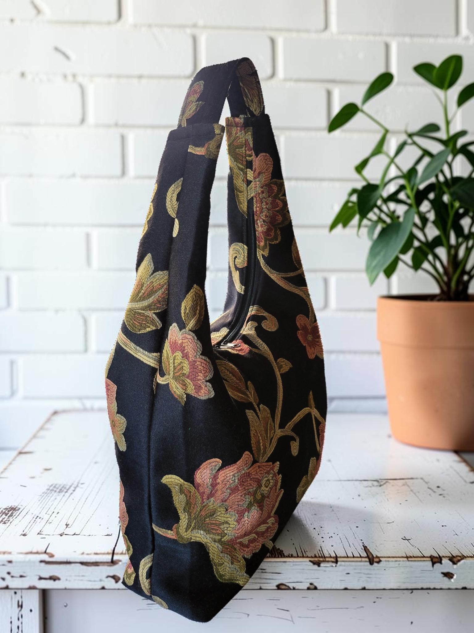 Floral Tapestry Hobo Bag, Black Shoulder Purse, Zipper Tote, Vintage Jacquard Bag, Cottagecore Handbag, view 9