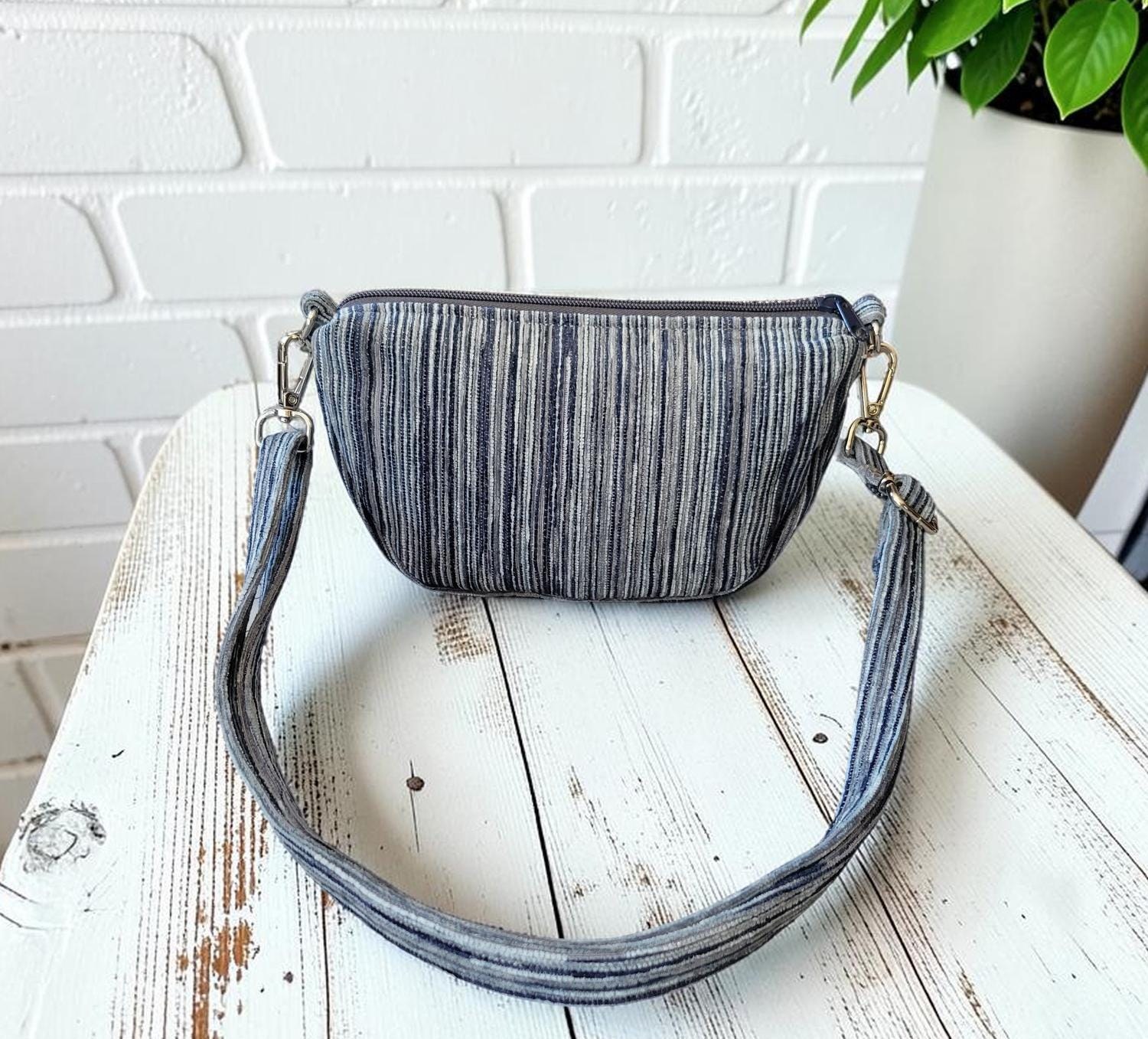 Mini Half Moon Crossbody Bag, Blue and Gray Striped Purse, Handmade Crescent Shoulder Bag