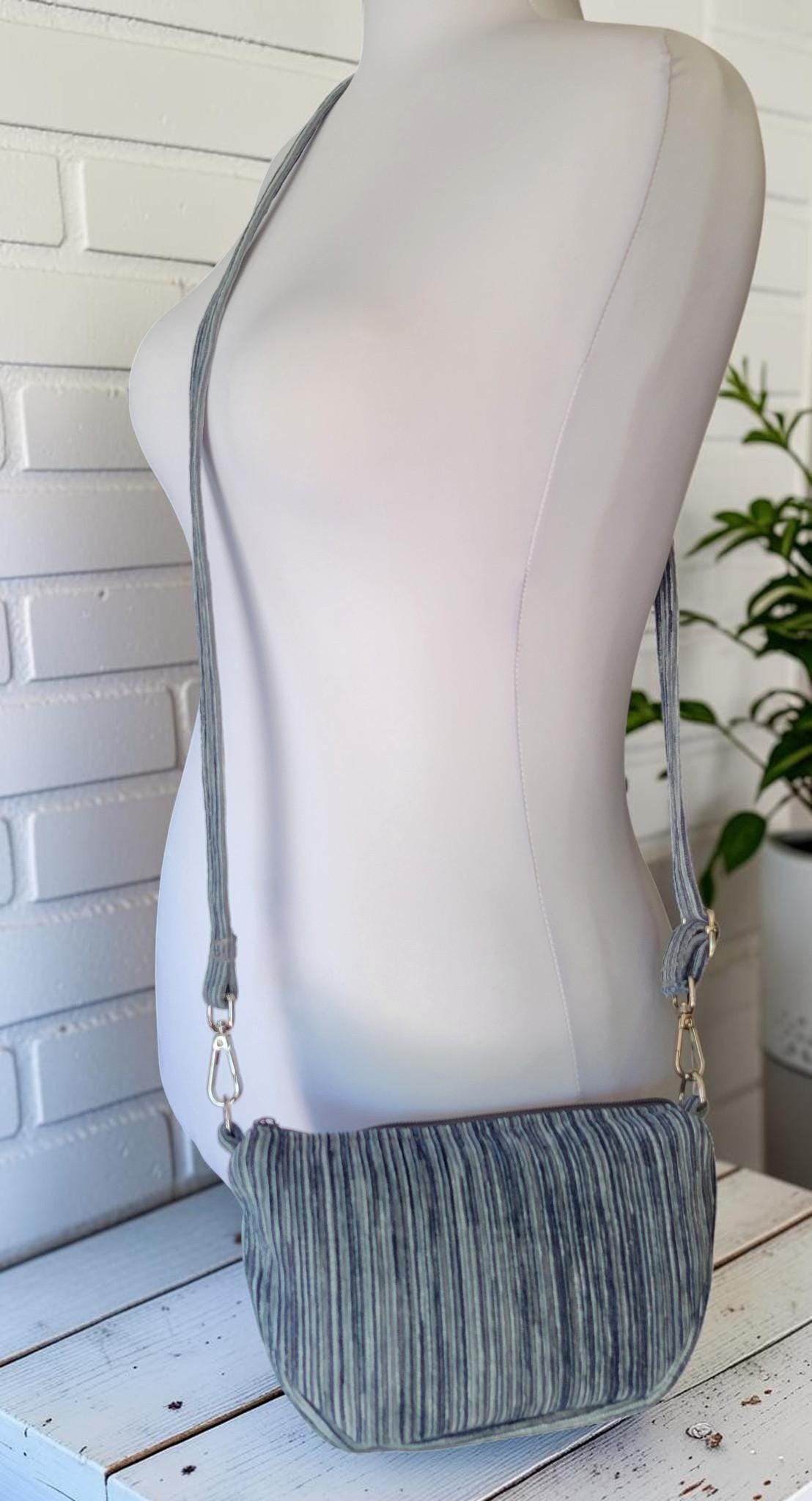 Mini Half Moon Crossbody Bag, Blue and Gray Striped Purse, Handmade Crescent Shoulder Bag, view 10