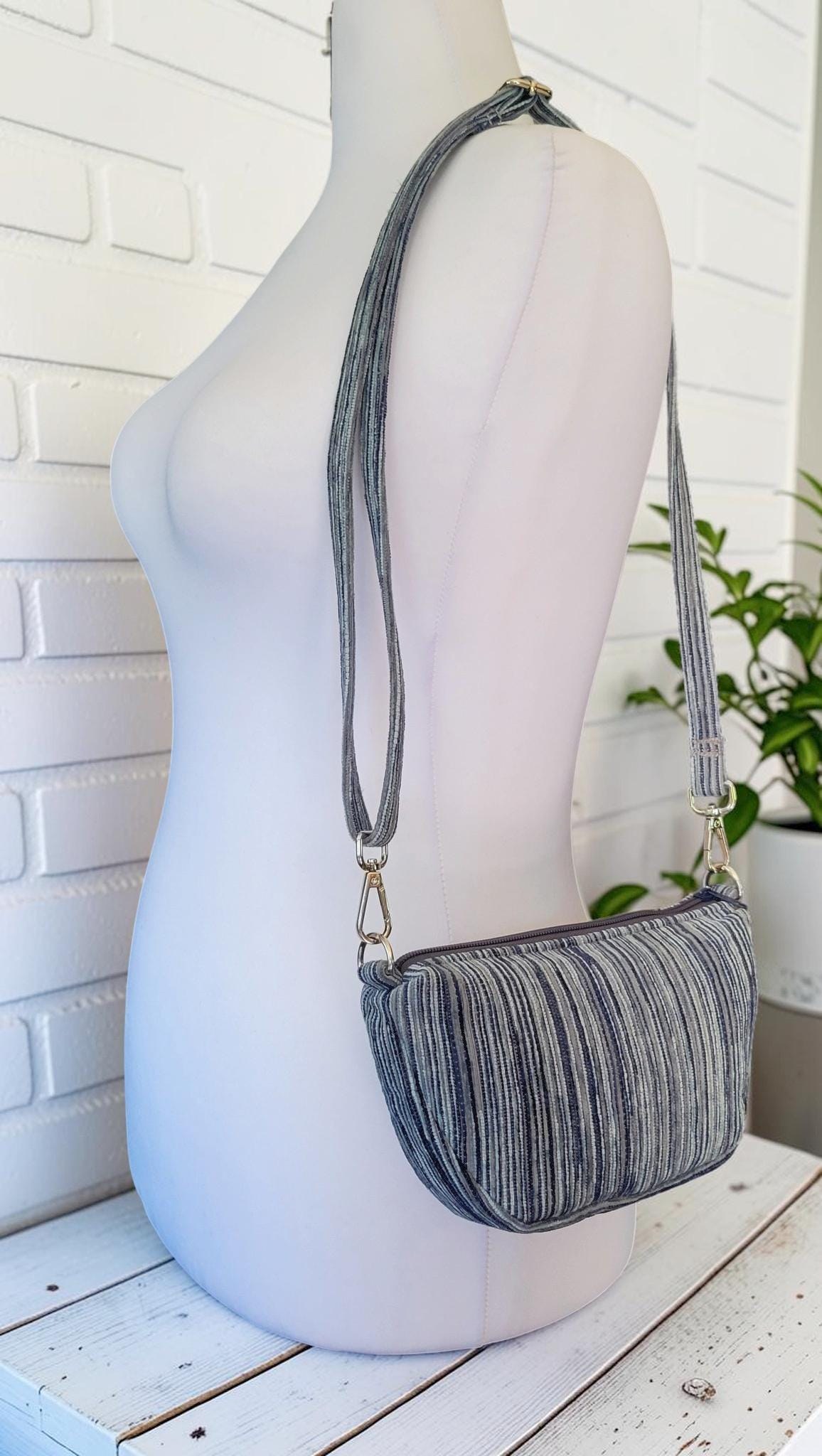 Mini Half Moon Crossbody Bag, Blue and Gray Striped Purse, Handmade Crescent Shoulder Bag, view 11