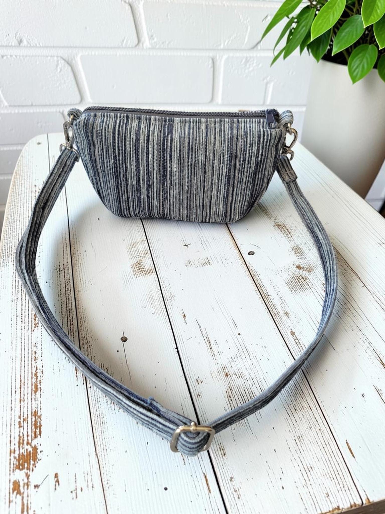 Mini Half Moon Crossbody Bag, Blue and Gray Striped Purse, Handmade Crescent Shoulder Bag, view 12