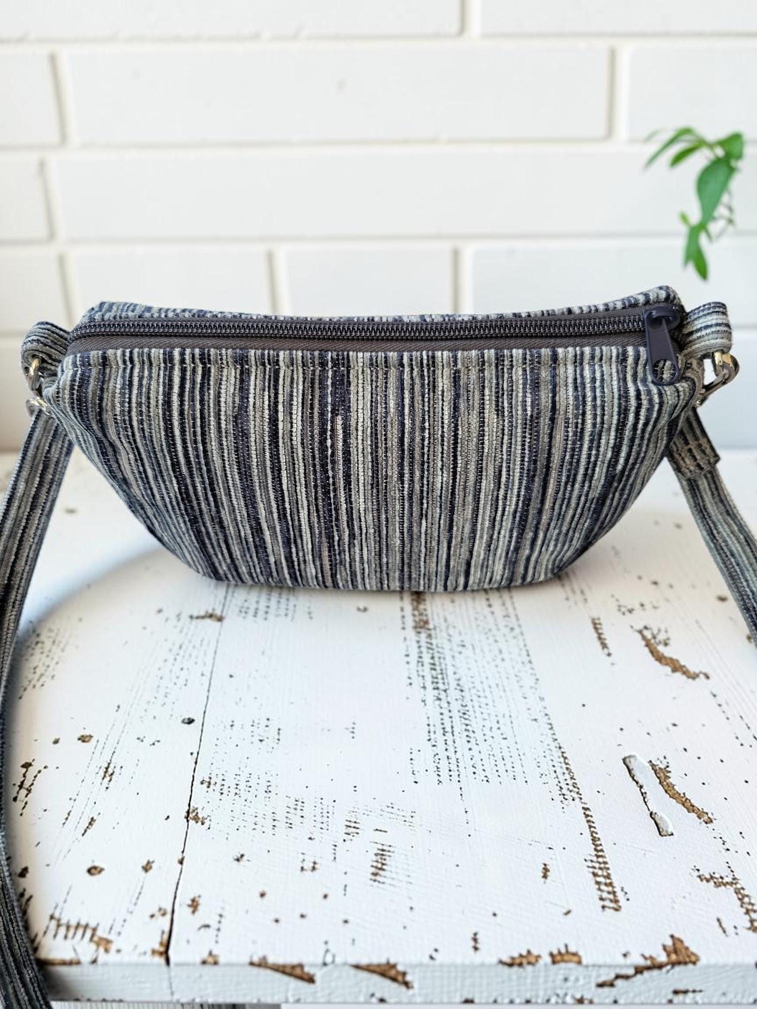 Mini Half Moon Crossbody Bag, Blue and Gray Striped Purse, Handmade Crescent Shoulder Bag, view 13
