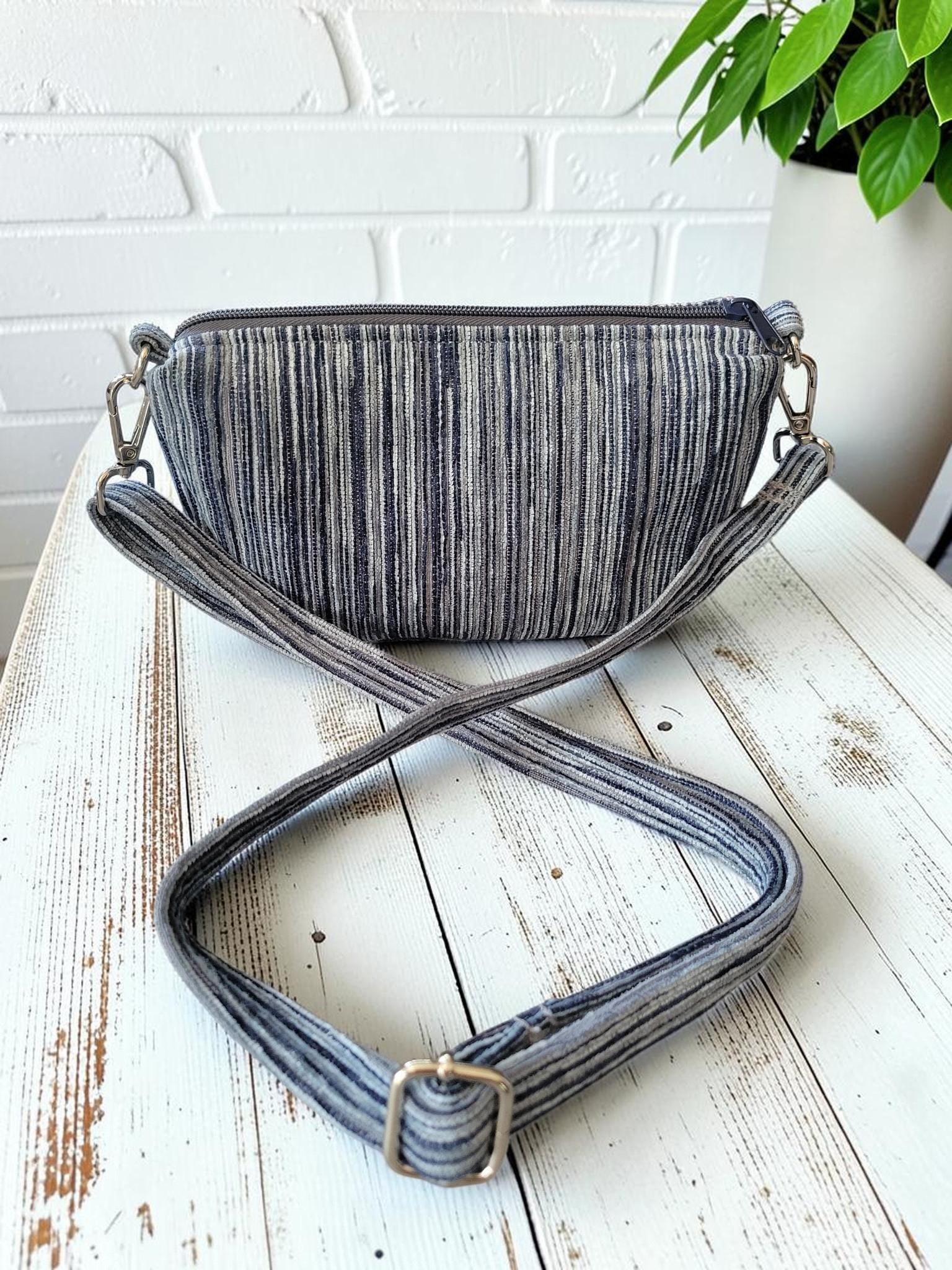 Mini Half Moon Crossbody Bag, Blue and Gray Striped Purse, Handmade Crescent Shoulder Bag, view 14