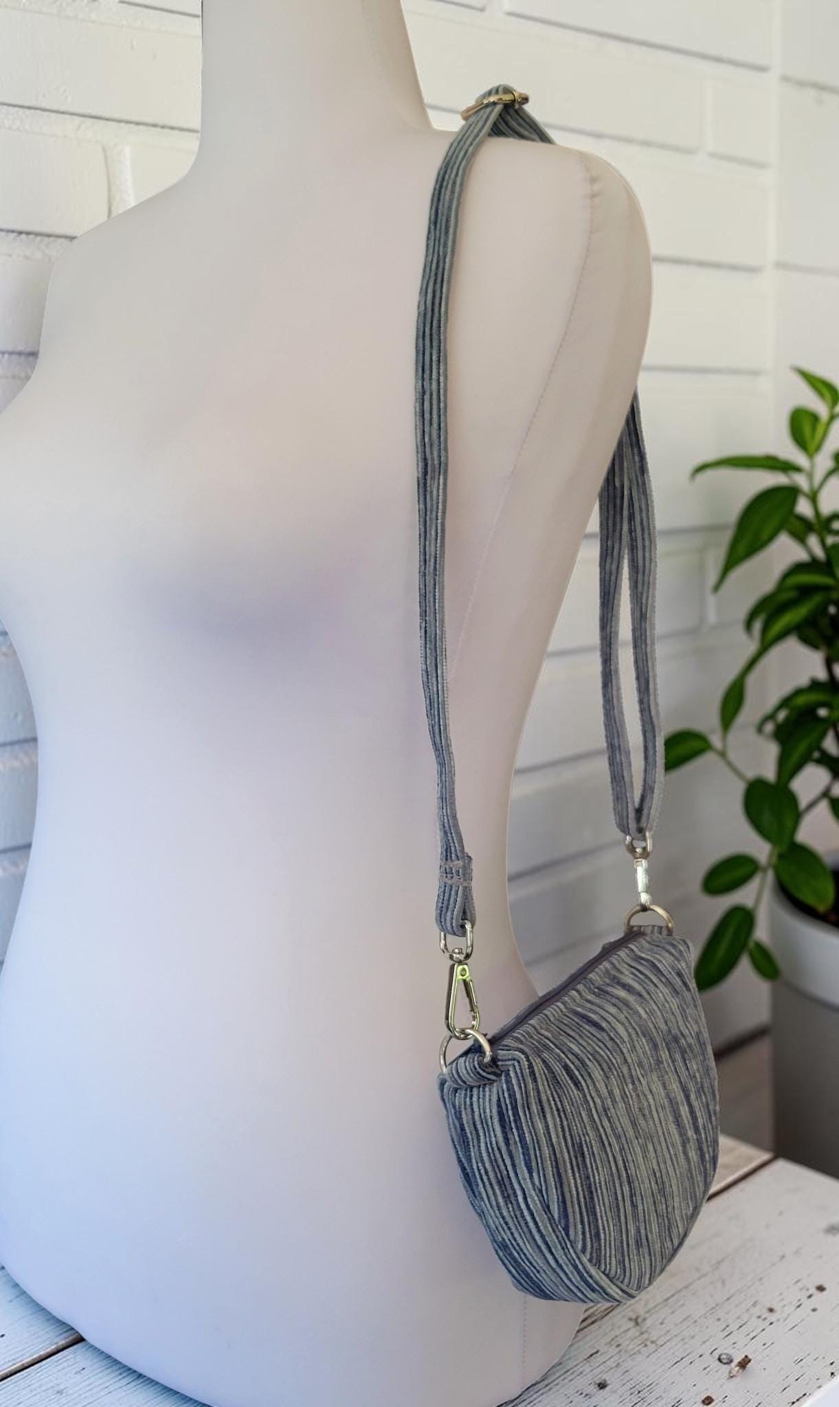 Mini Half Moon Crossbody Bag, Blue and Gray Striped Purse, Handmade Crescent Shoulder Bag, view 15
