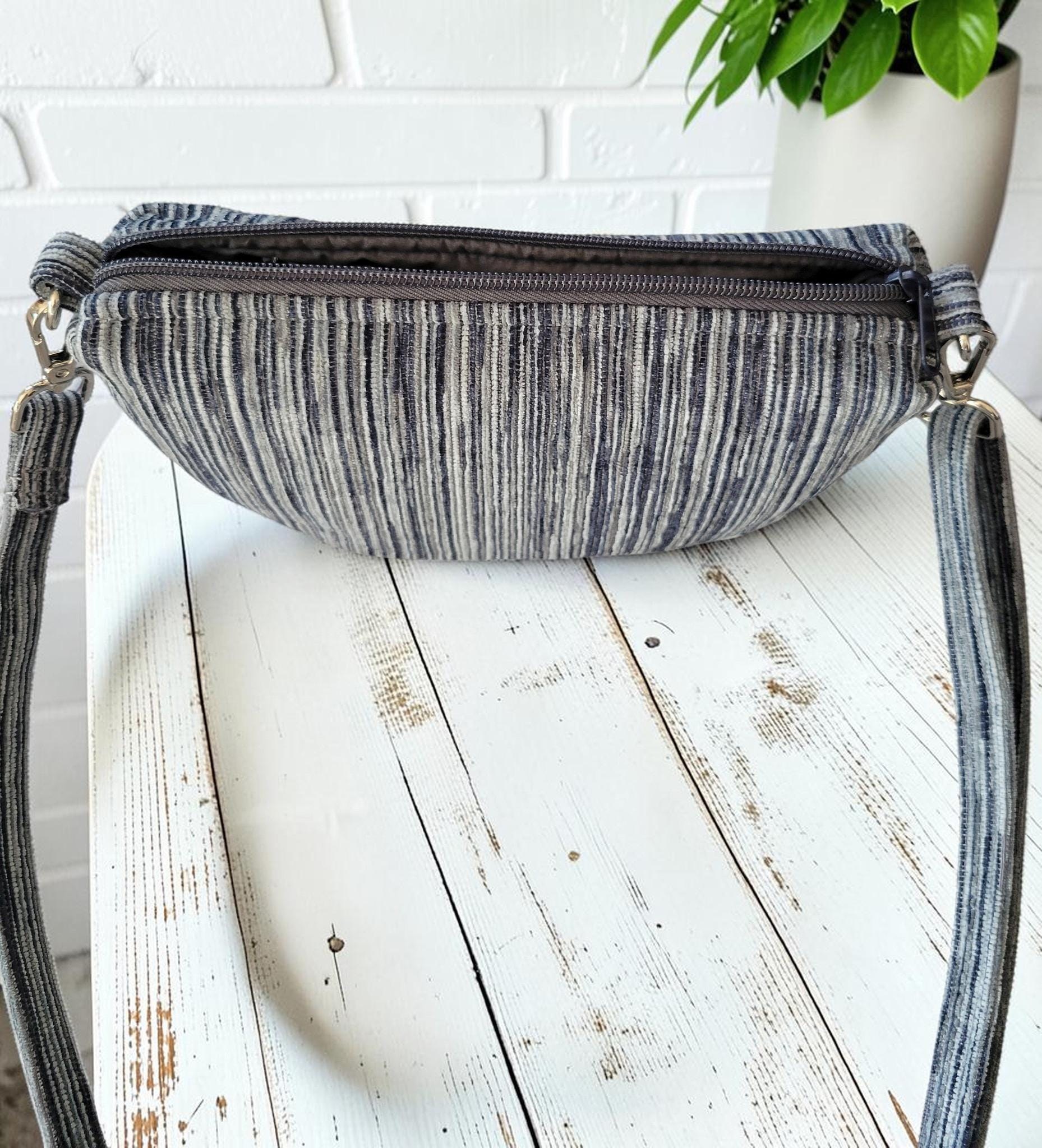 Mini Half Moon Crossbody Bag, Blue and Gray Striped Purse, Handmade Crescent Shoulder Bag, view 16