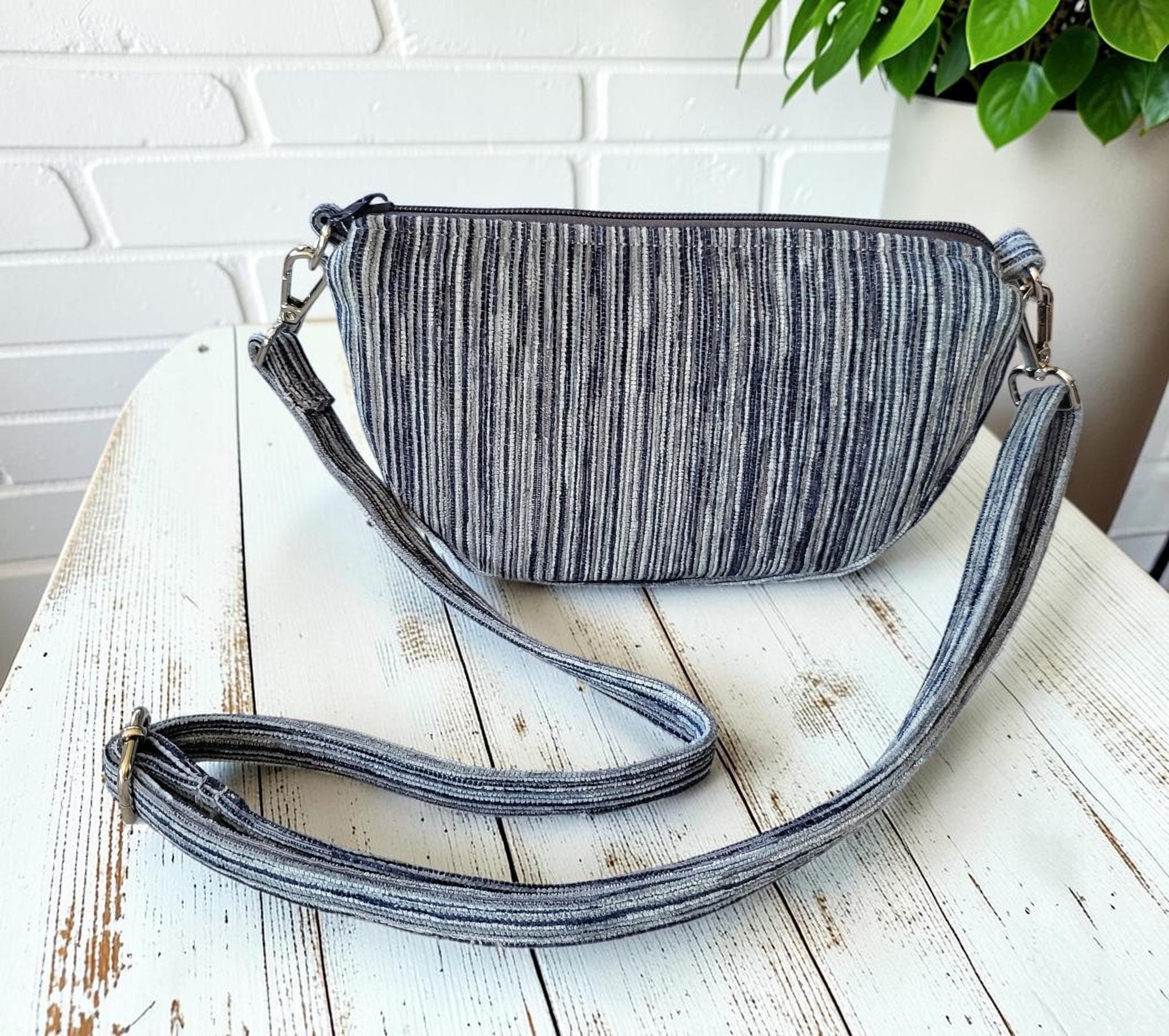 Mini Half Moon Crossbody Bag, Blue and Gray Striped Purse, Handmade Crescent Shoulder Bag, view 17