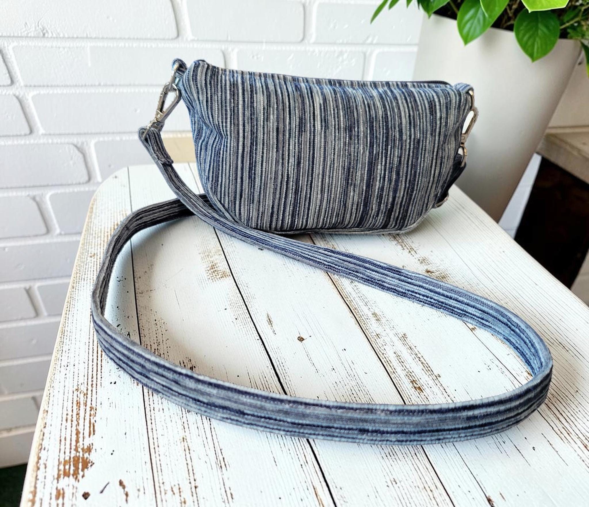 Mini Half Moon Crossbody Bag, Blue and Gray Striped Purse, Handmade Crescent Shoulder Bag, view 18