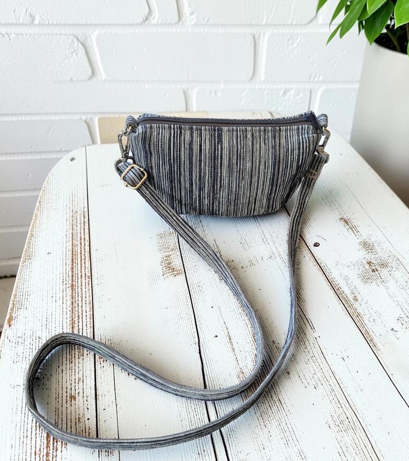 Mini Half Moon Crossbody Bag, Blue and Gray Striped Purse, Handmade Crescent Shoulder Bag, view 2