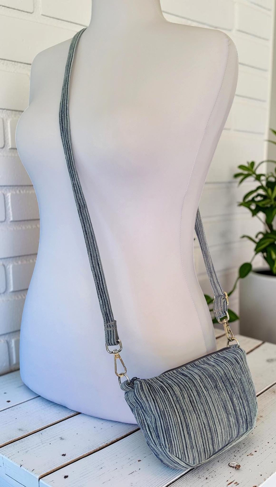 Mini Half Moon Crossbody Bag, Blue and Gray Striped Purse, Handmade Crescent Shoulder Bag, view 3