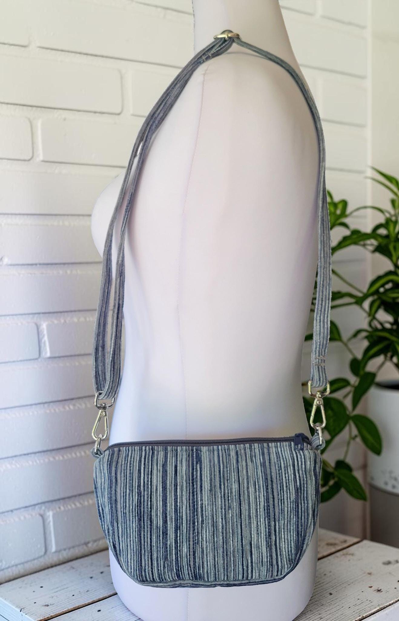 Mini Half Moon Crossbody Bag, Blue and Gray Striped Purse, Handmade Crescent Shoulder Bag, view 4