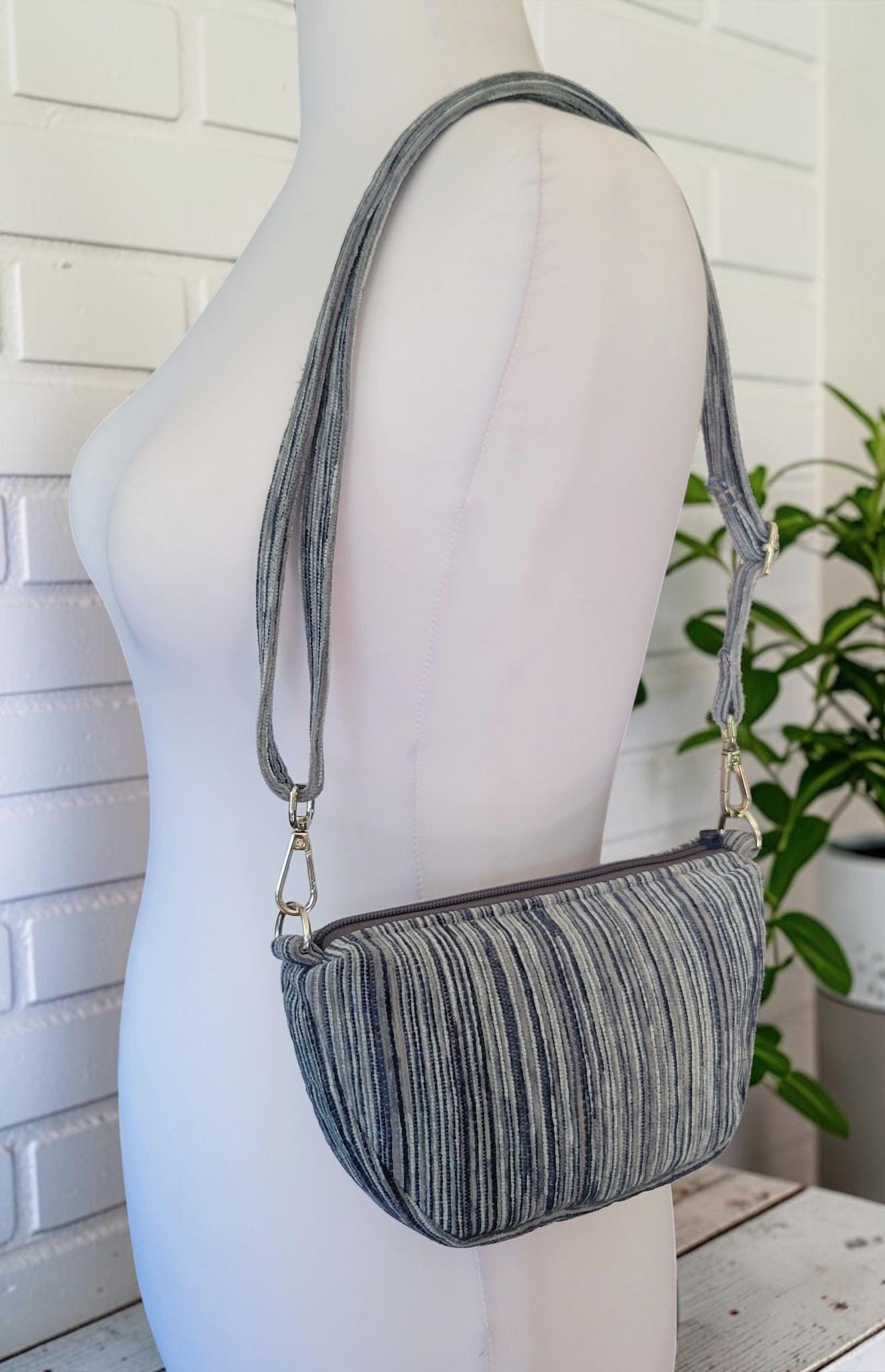 Mini Half Moon Crossbody Bag, Blue and Gray Striped Purse, Handmade Crescent Shoulder Bag, view 5