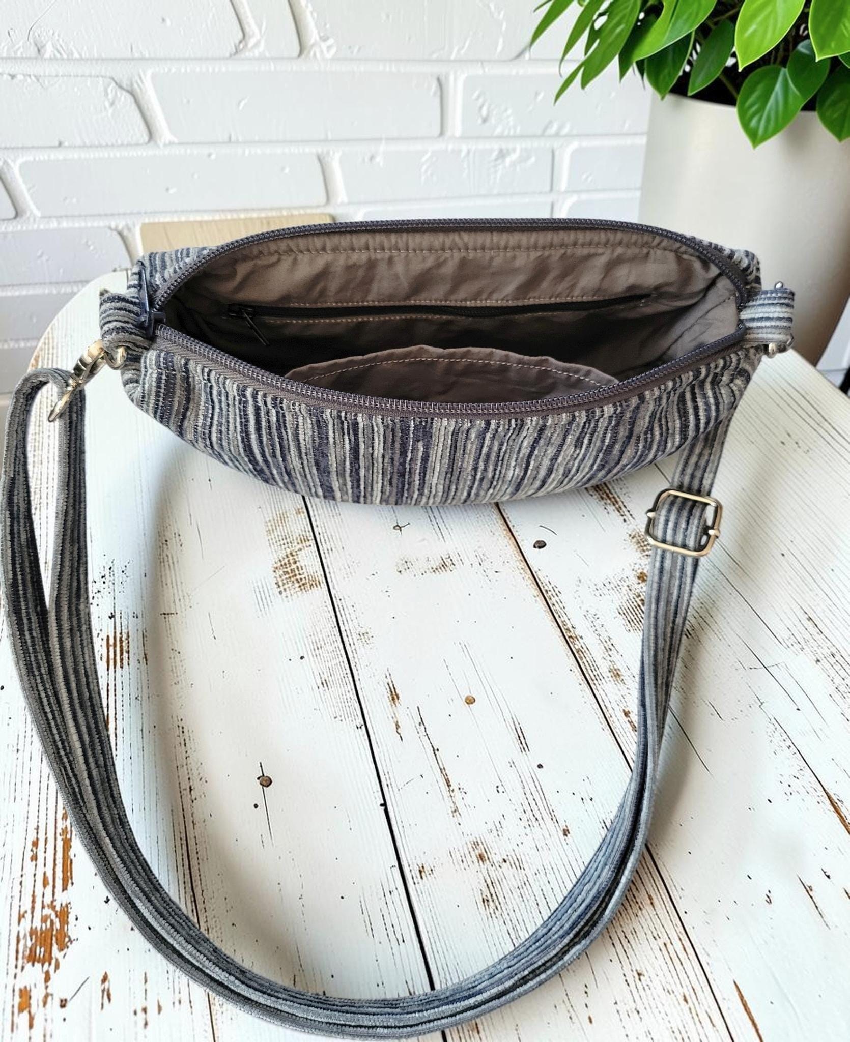 Mini Half Moon Crossbody Bag, Blue and Gray Striped Purse, Handmade Crescent Shoulder Bag, view 6