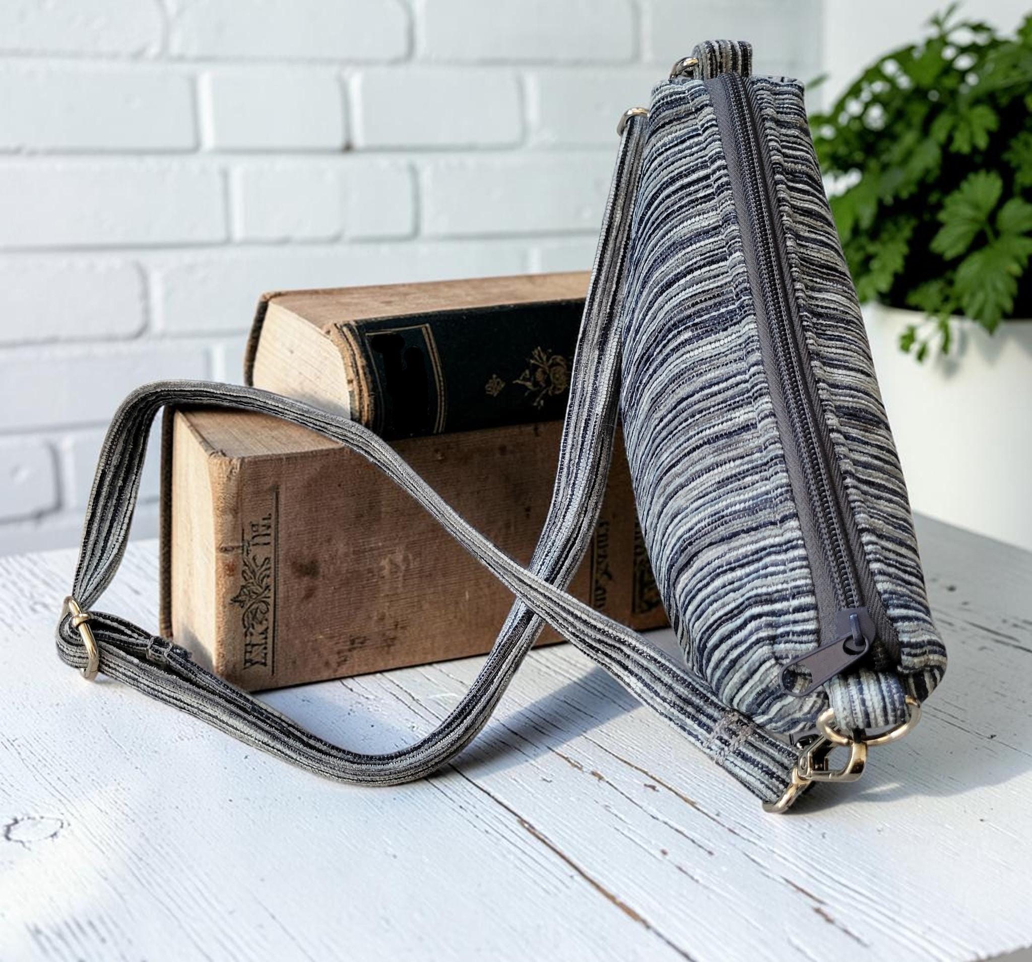 Mini Half Moon Crossbody Bag, Blue and Gray Striped Purse, Handmade Crescent Shoulder Bag, view 7