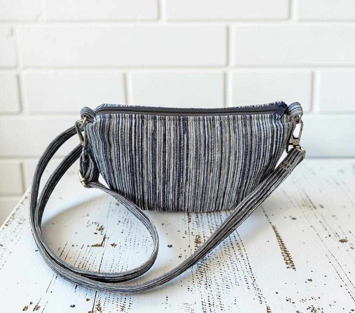 Mini Half Moon Crossbody Bag, Blue and Gray Striped Purse, Handmade Crescent Shoulder Bag, view 8
