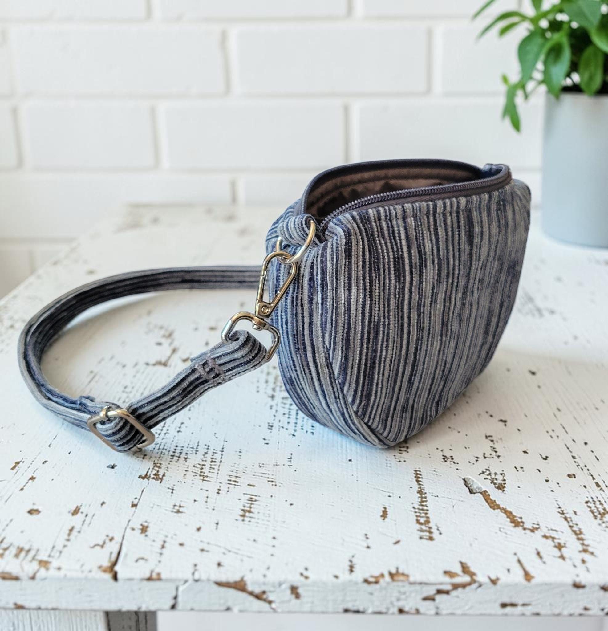 Mini Half Moon Crossbody Bag, Blue and Gray Striped Purse, Handmade Crescent Shoulder Bag, view 9