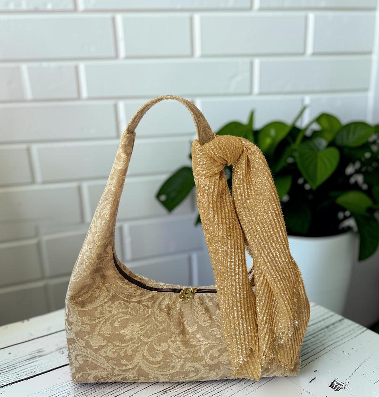 Jacquard Upholstery Handbag, Slouchy Shoulder Bag, Elegant Neutral Purse, Gold Taupe Floral Bag