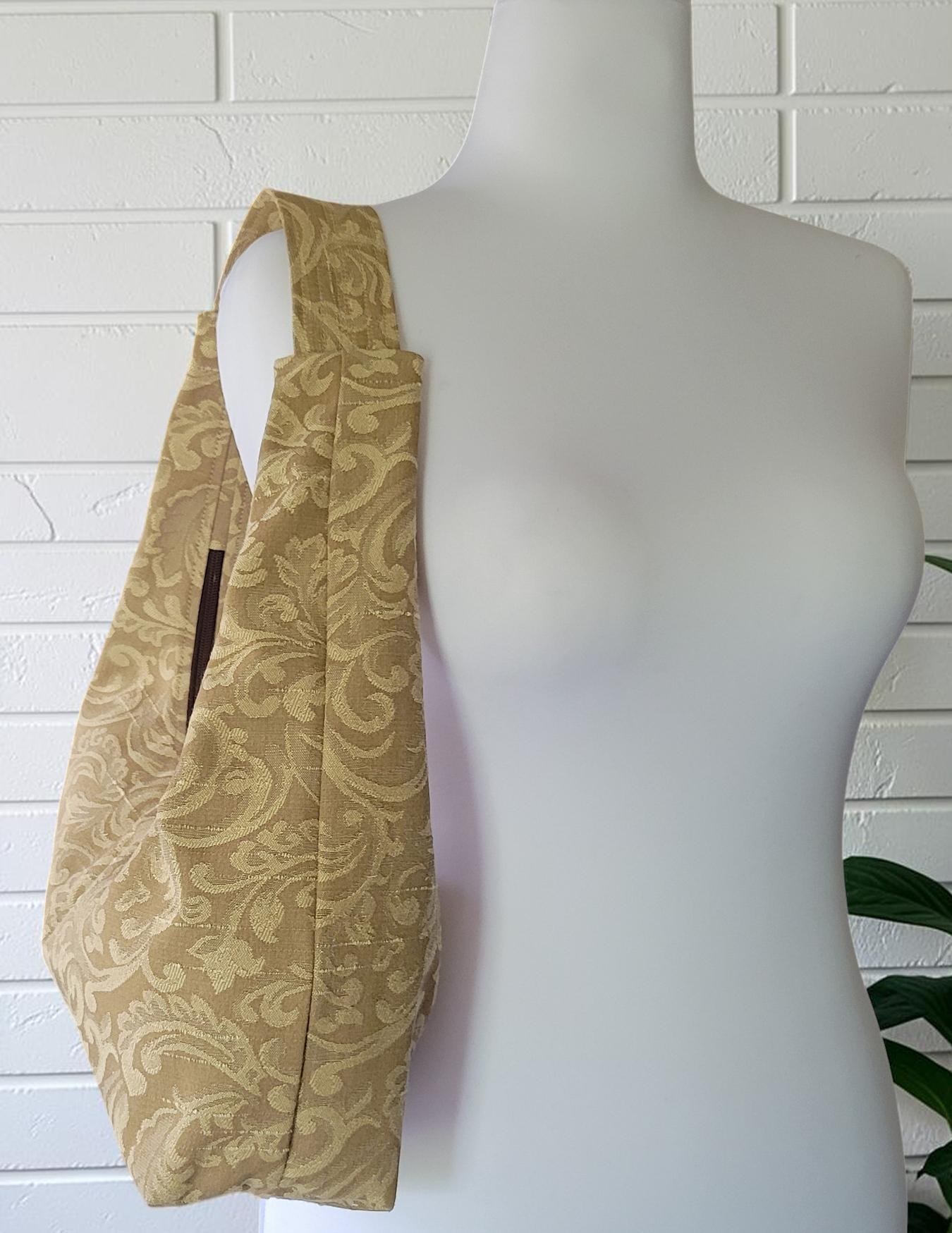 Jacquard Upholstery Handbag, Slouchy Shoulder Bag, Elegant Neutral Purse, Gold Taupe Floral Bag, view 10