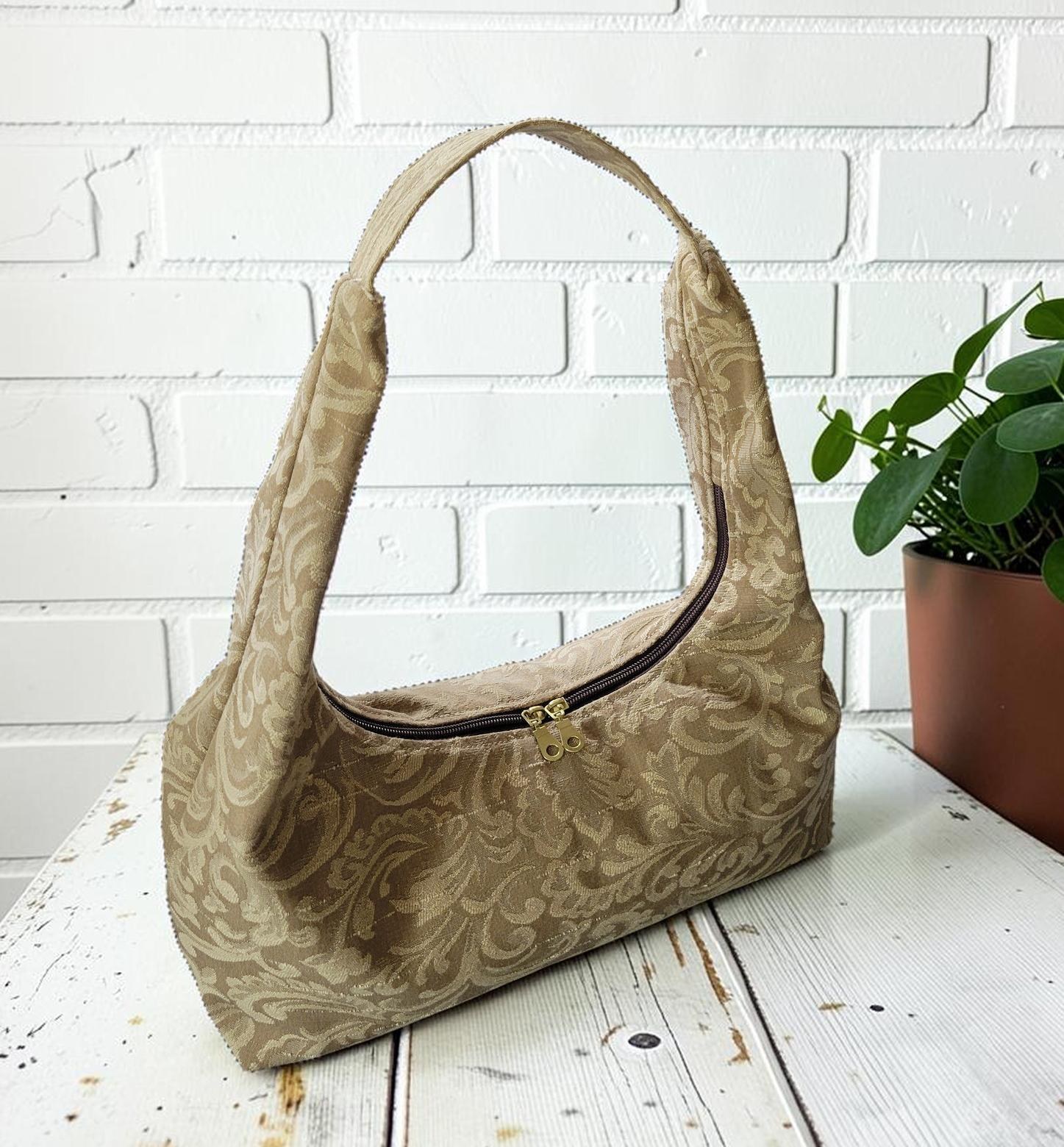 Jacquard Upholstery Handbag, Slouchy Shoulder Bag, Elegant Neutral Purse, Gold Taupe Floral Bag, view 11