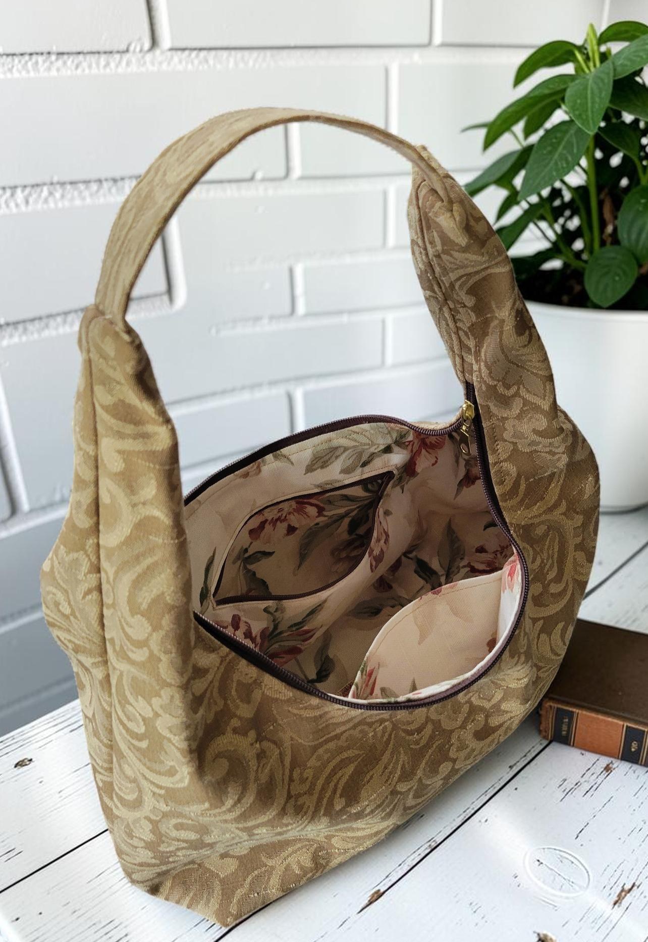 Jacquard Upholstery Handbag, Slouchy Shoulder Bag, Elegant Neutral Purse, Gold Taupe Floral Bag, view 12