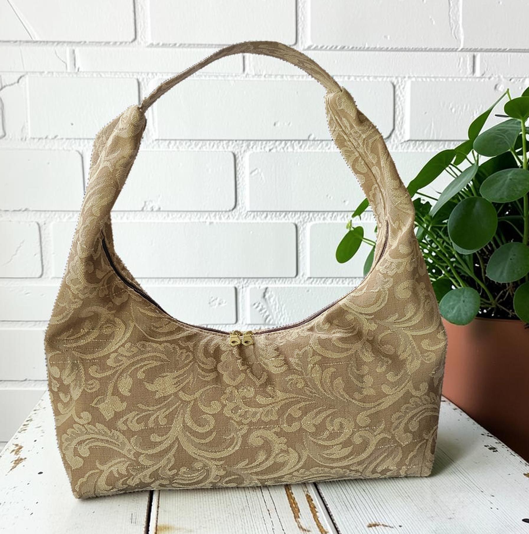 Jacquard Upholstery Handbag, Slouchy Shoulder Bag, Elegant Neutral Purse, Gold Taupe Floral Bag, view 13