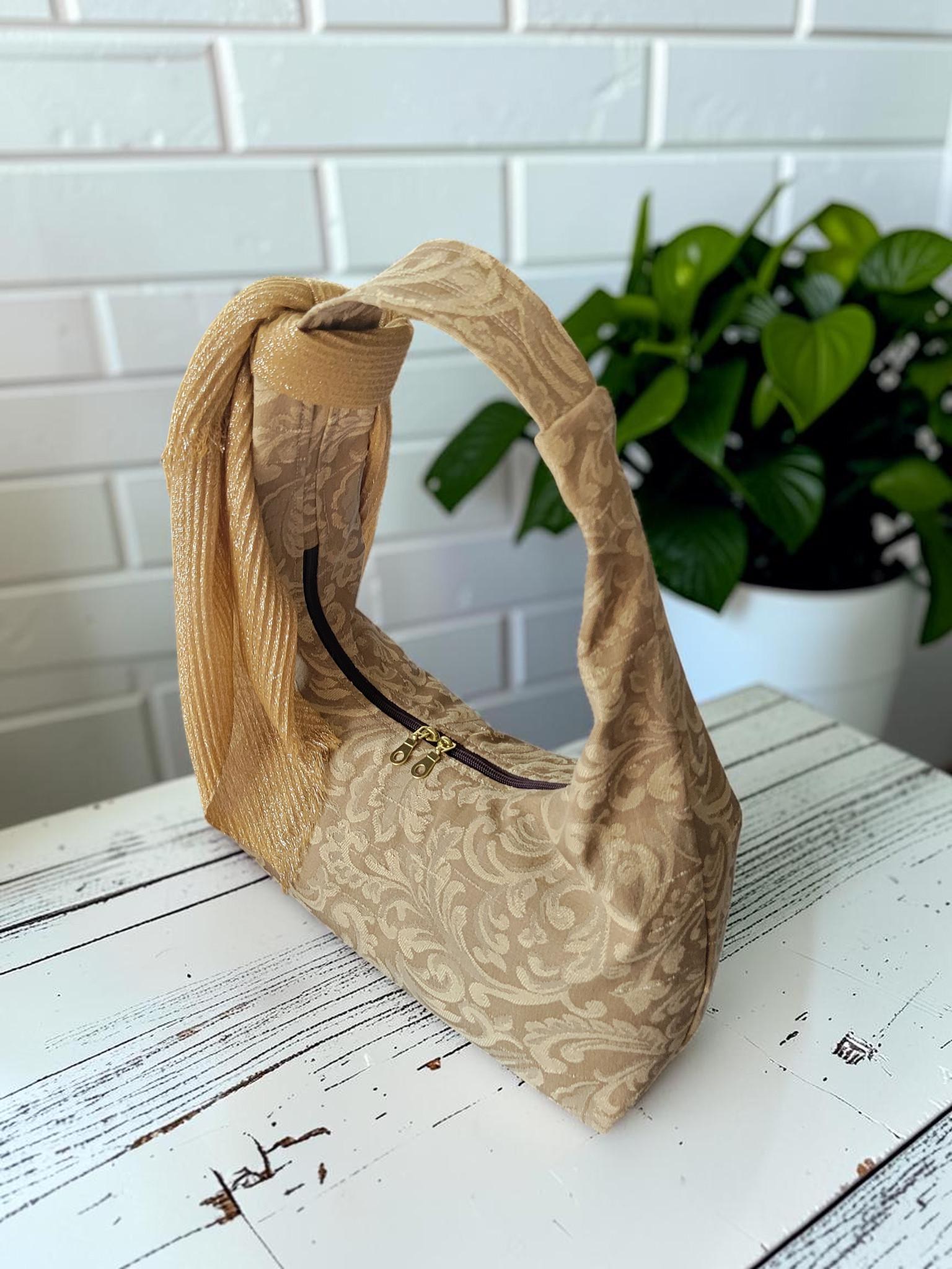Jacquard Upholstery Handbag, Slouchy Shoulder Bag, Elegant Neutral Purse, Gold Taupe Floral Bag, view 14