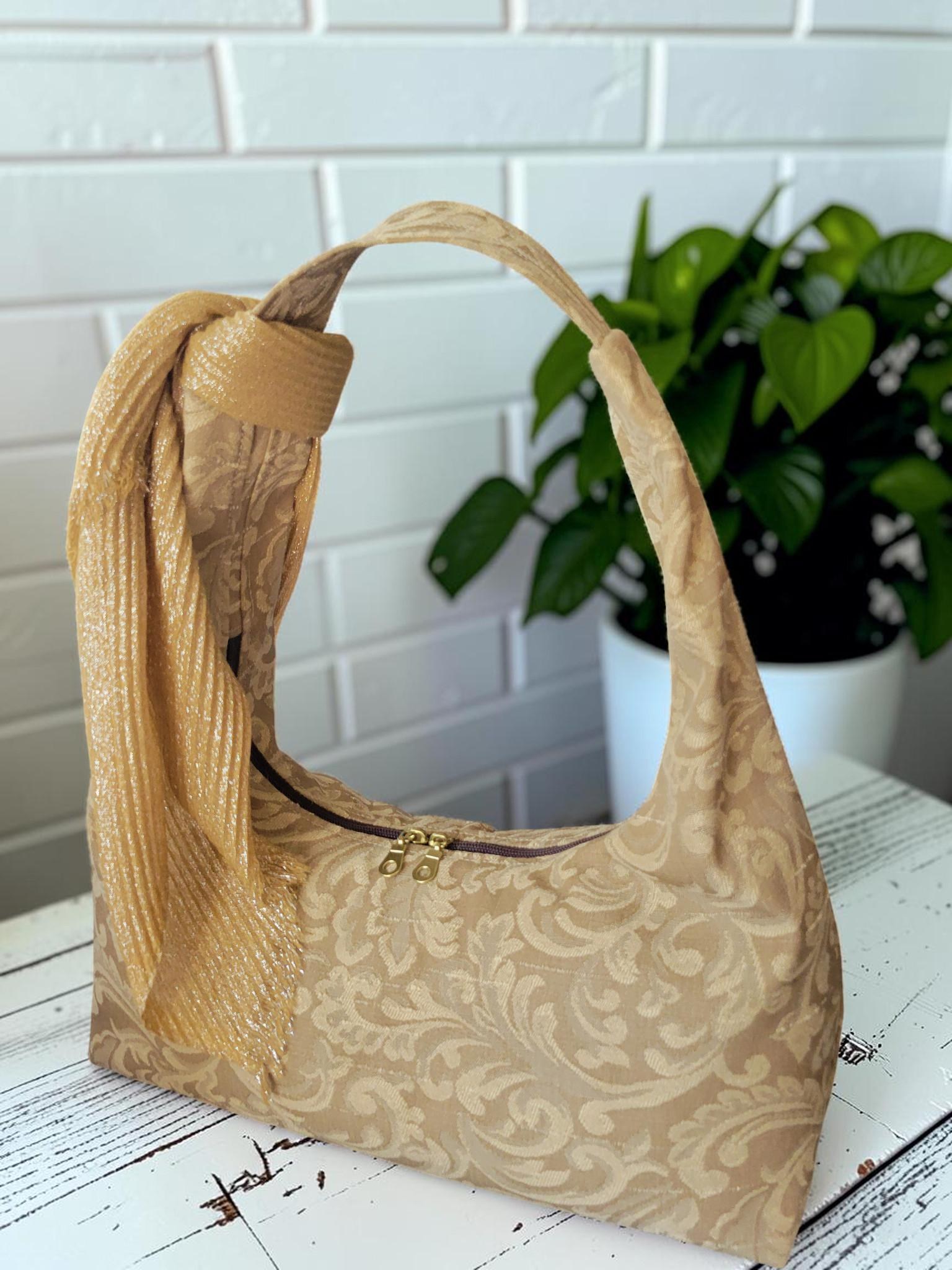 Jacquard Upholstery Handbag, Slouchy Shoulder Bag, Elegant Neutral Purse, Gold Taupe Floral Bag, view 15