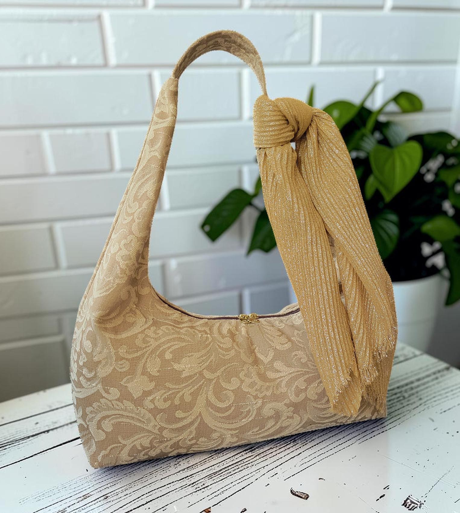 Jacquard Upholstery Handbag, Slouchy Shoulder Bag, Elegant Neutral Purse, Gold Taupe Floral Bag, view 16
