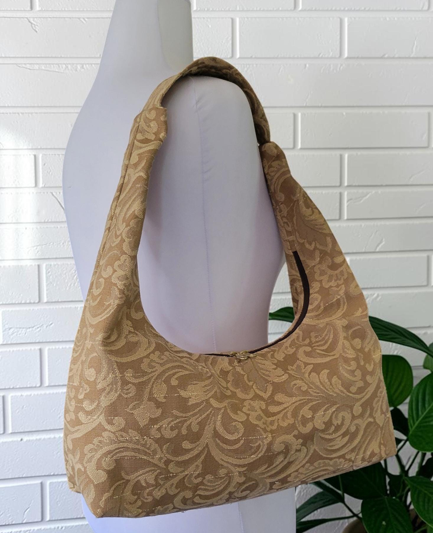 Jacquard Upholstery Handbag, Slouchy Shoulder Bag, Elegant Neutral Purse, Gold Taupe Floral Bag, view 2