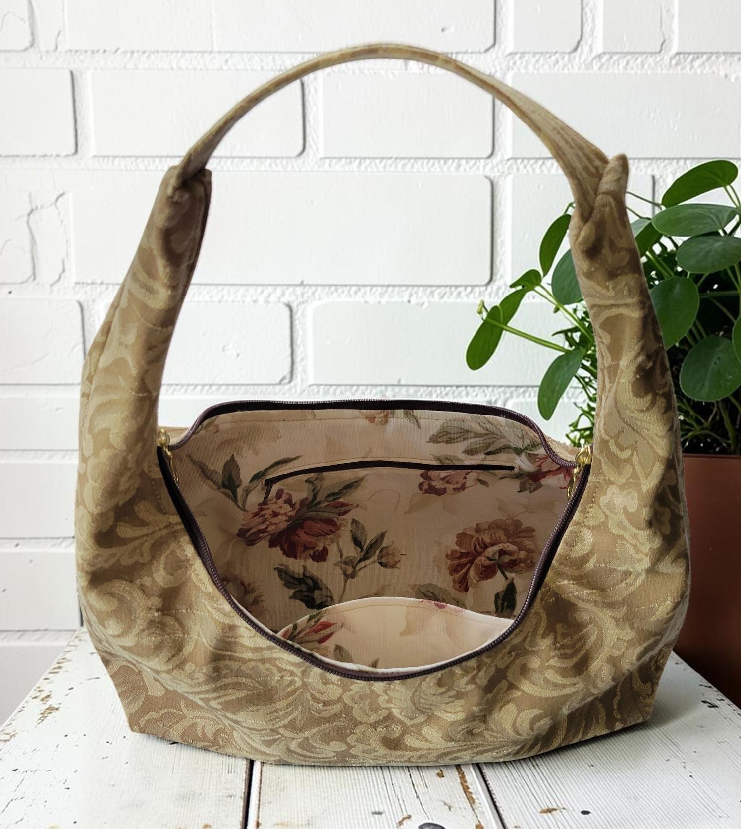 Jacquard Upholstery Handbag, Slouchy Shoulder Bag, Elegant Neutral Purse, Gold Taupe Floral Bag, view 5