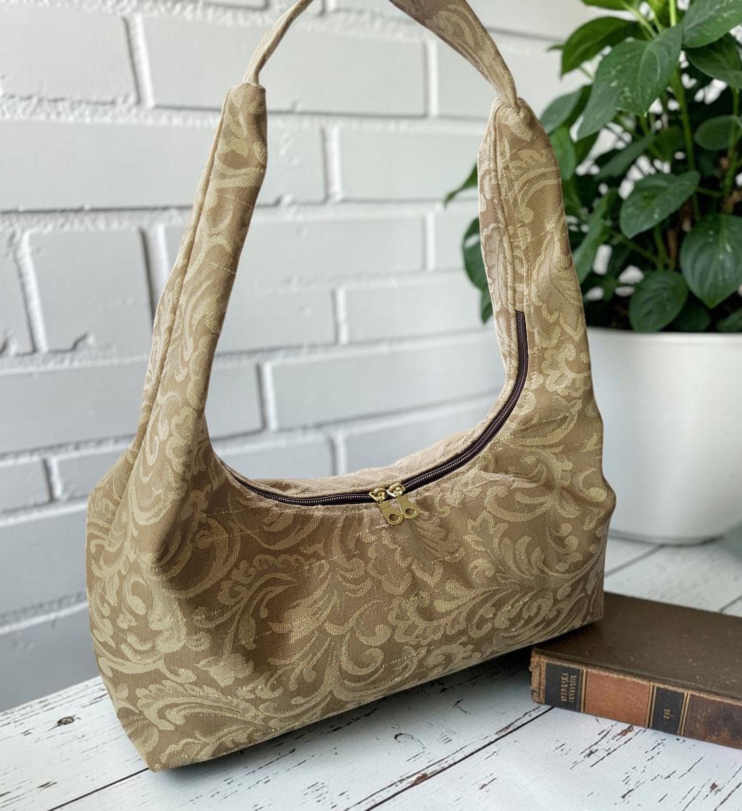 Jacquard Upholstery Handbag, Slouchy Shoulder Bag, Elegant Neutral Purse, Gold Taupe Floral Bag, view 7