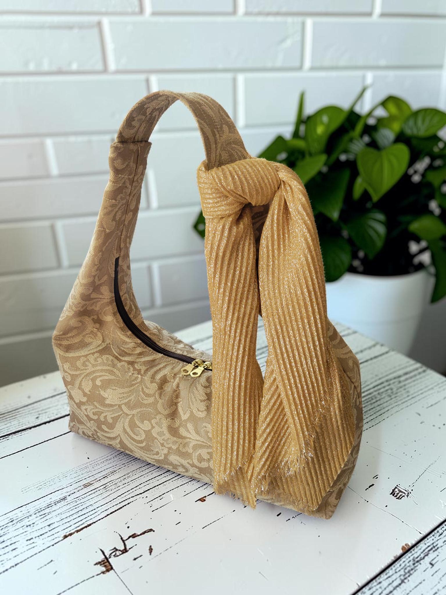 Jacquard Upholstery Handbag, Slouchy Shoulder Bag, Elegant Neutral Purse, Gold Taupe Floral Bag, view 8