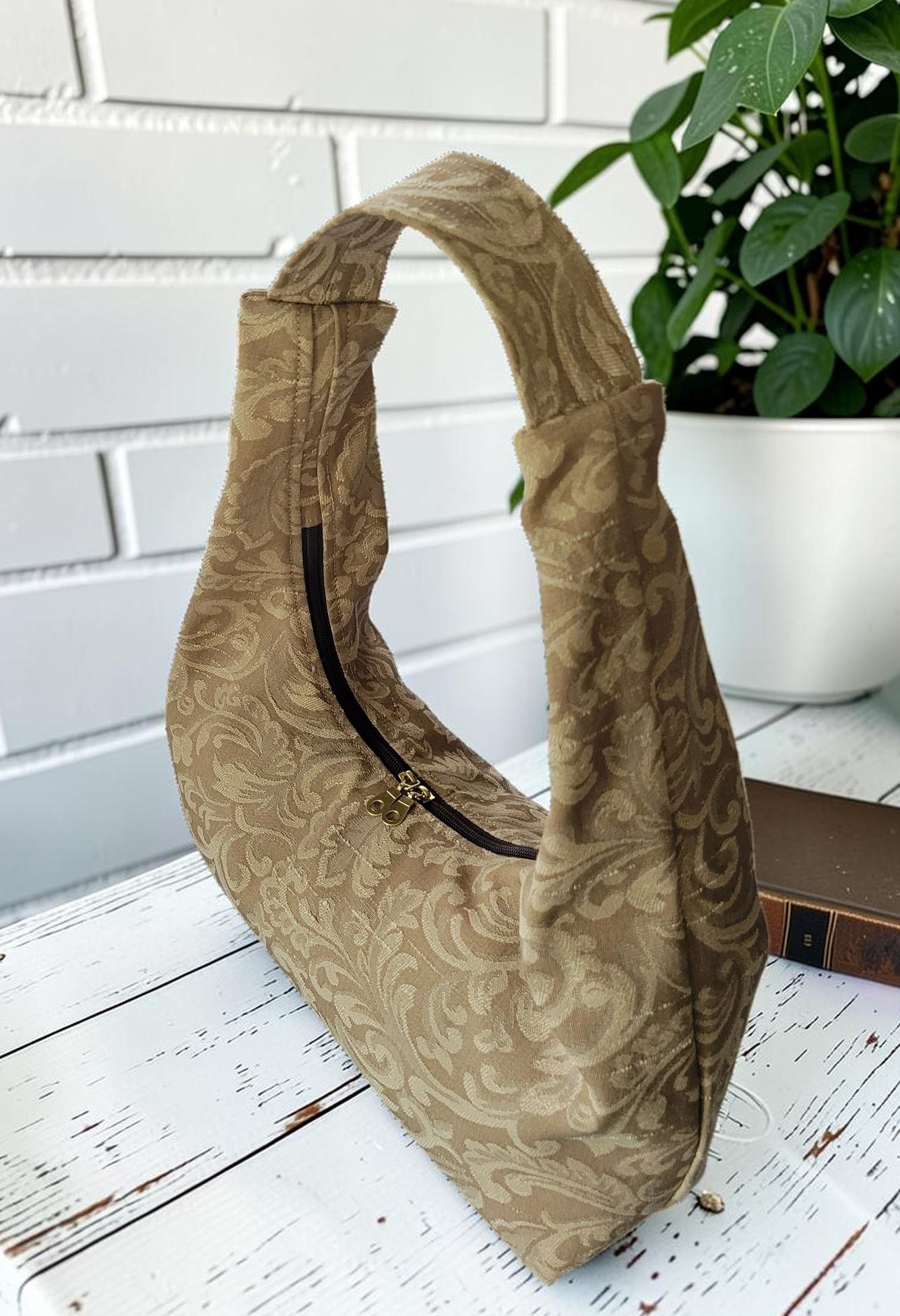 Jacquard Upholstery Handbag, Slouchy Shoulder Bag, Elegant Neutral Purse, Gold Taupe Floral Bag, view 9