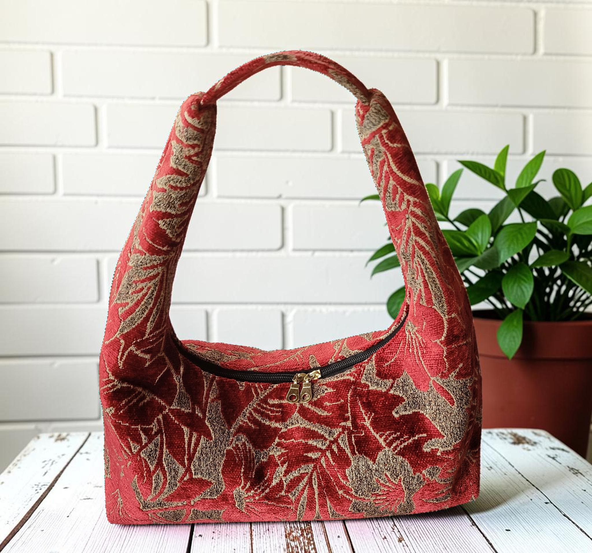 Red Chenille Hobo Bag, Bronze Floral Upholstery Fabric Shoulder Bag, Handmade Slouchy Statement Handbag