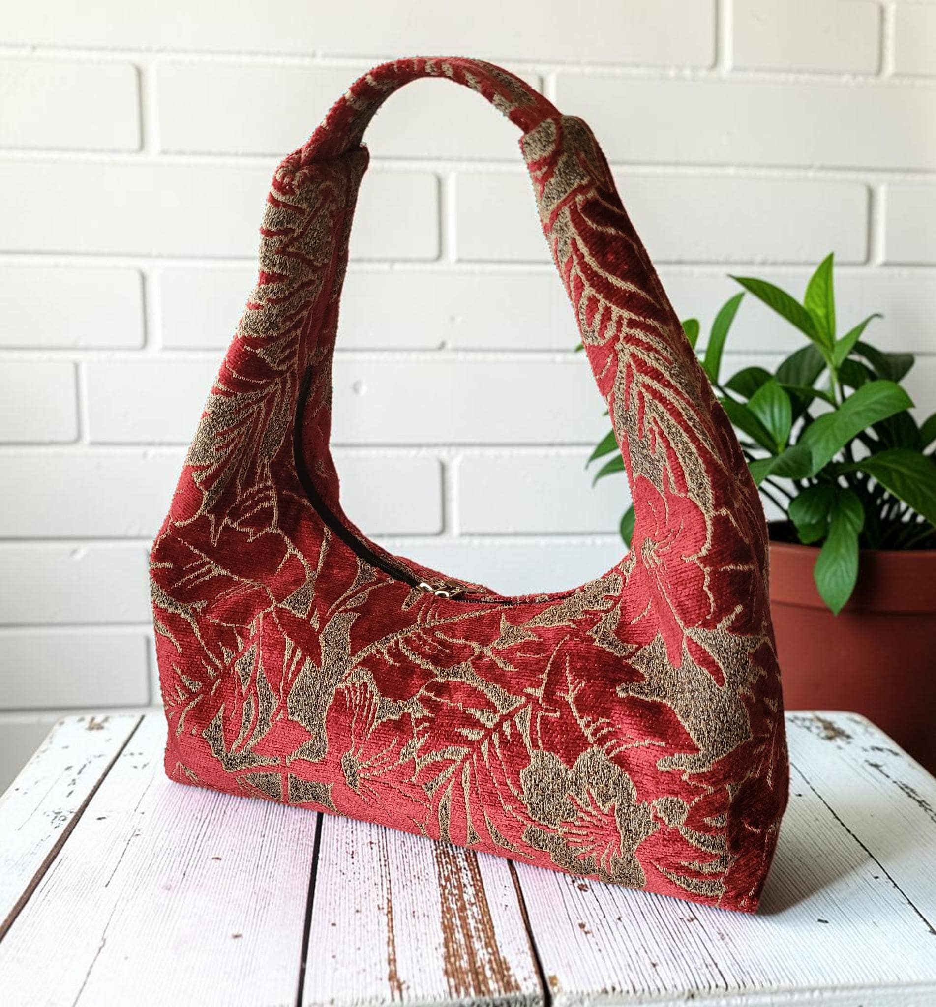 Red Chenille Hobo Bag, Bronze Floral Upholstery Fabric Shoulder Bag, Handmade Slouchy Statement Handbag, view 10