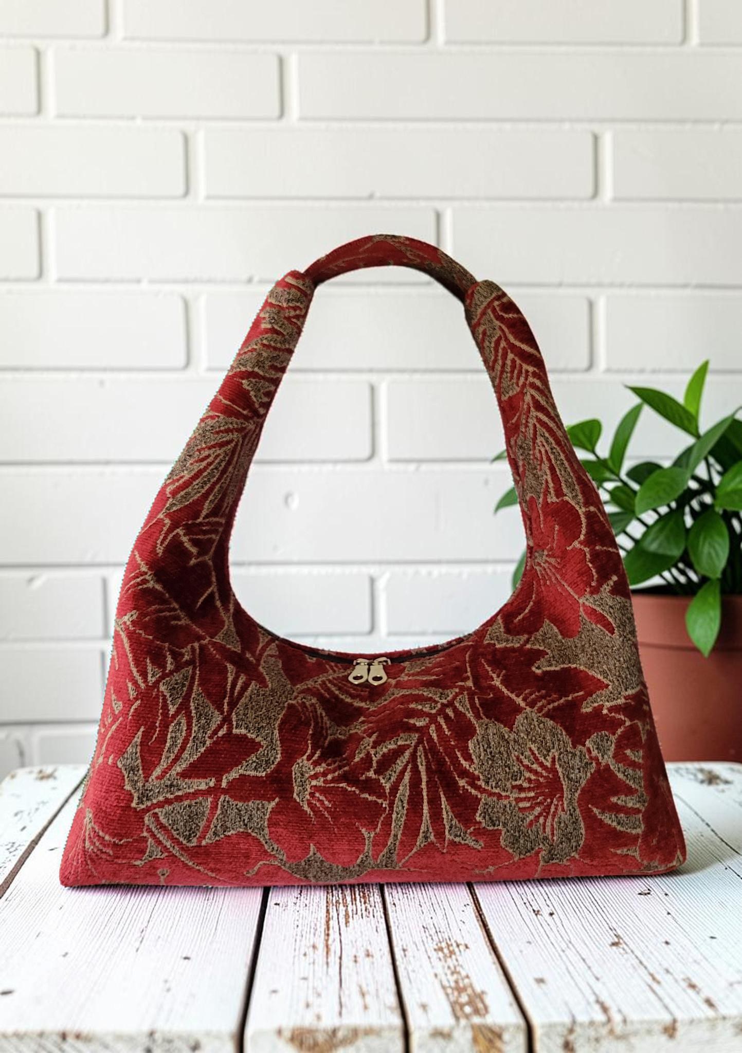 Red Chenille Hobo Bag, Bronze Floral Upholstery Fabric Shoulder Bag, Handmade Slouchy Statement Handbag, view 11