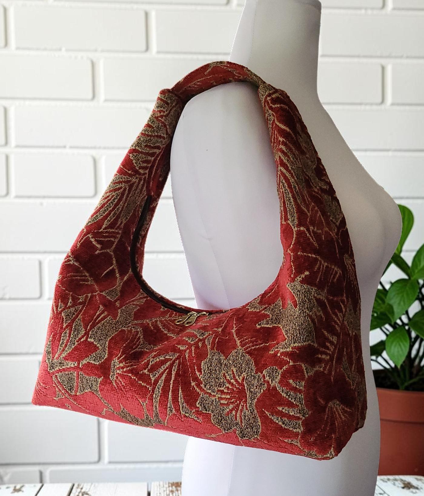 Red Chenille Hobo Bag, Bronze Floral Upholstery Fabric Shoulder Bag, Handmade Slouchy Statement Handbag, view 12