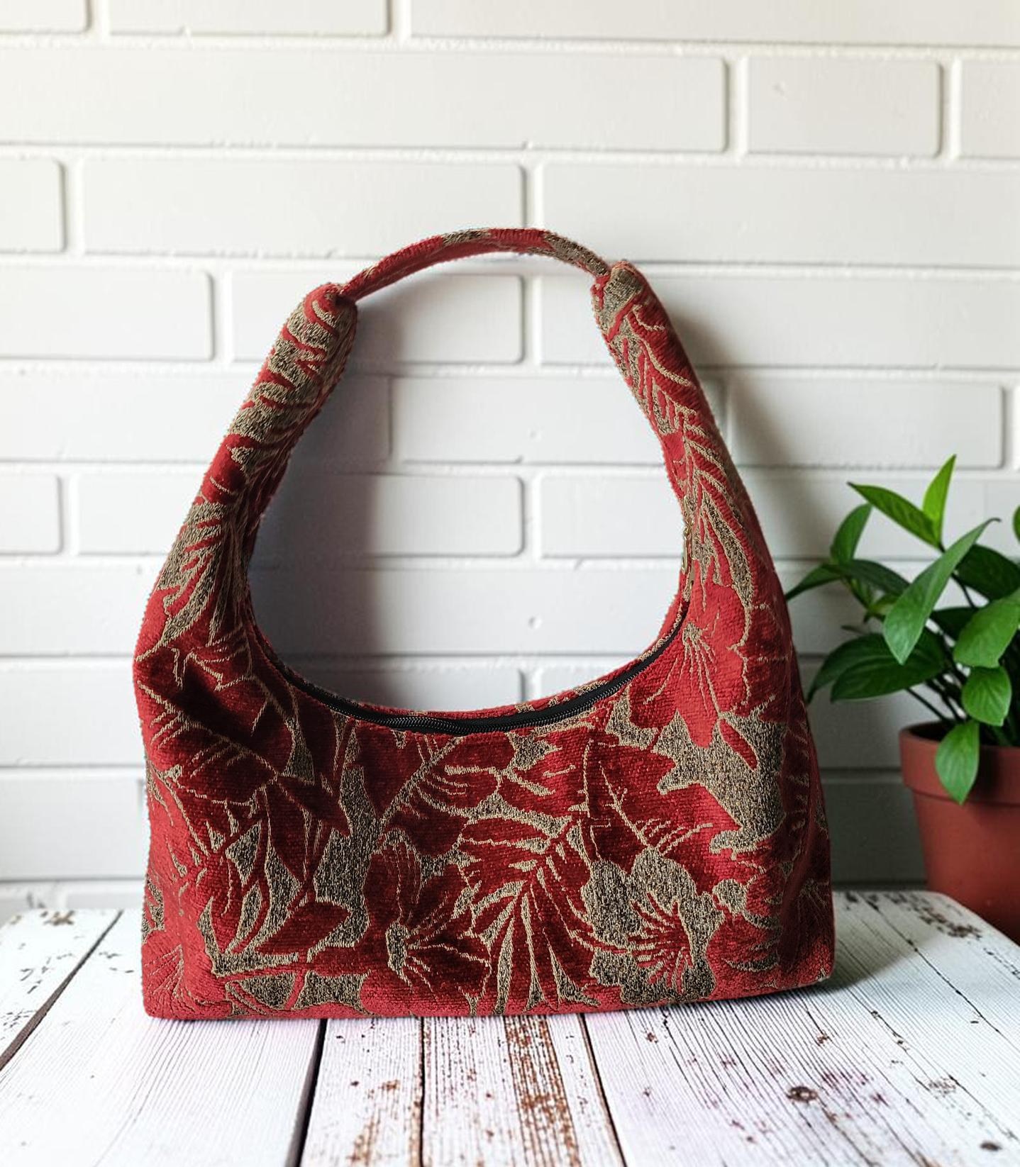Red Chenille Hobo Bag, Bronze Floral Upholstery Fabric Shoulder Bag, Handmade Slouchy Statement Handbag, view 13