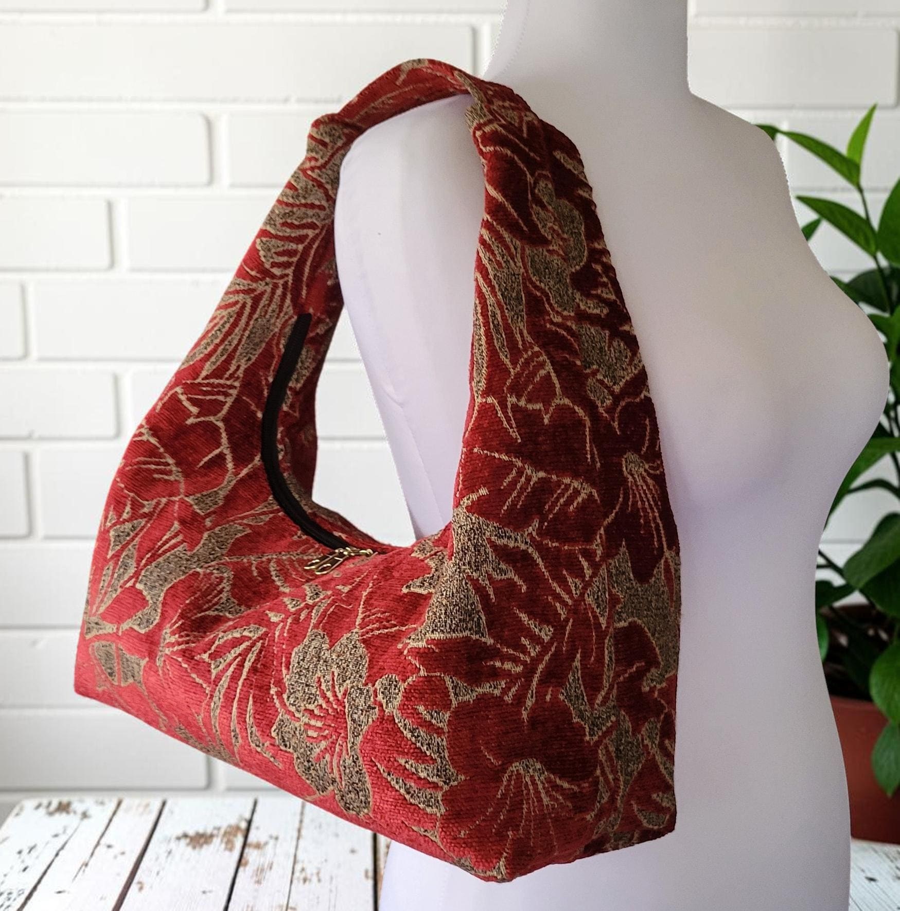 Red Chenille Hobo Bag, Bronze Floral Upholstery Fabric Shoulder Bag, Handmade Slouchy Statement Handbag, view 14