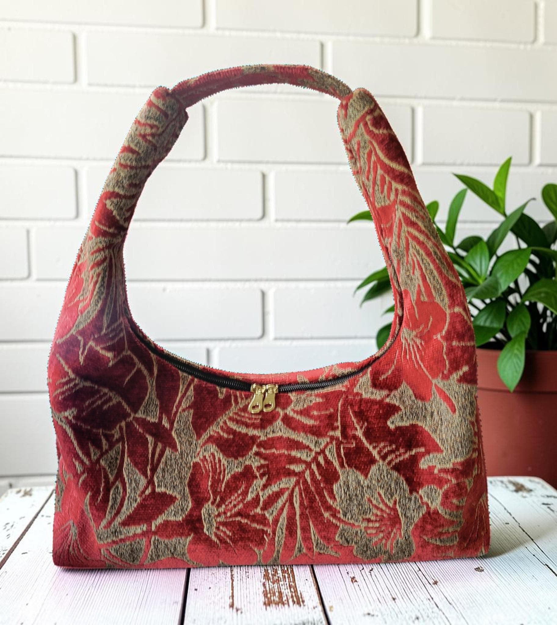 Red Chenille Hobo Bag, Bronze Floral Upholstery Fabric Shoulder Bag, Handmade Slouchy Statement Handbag, view 15