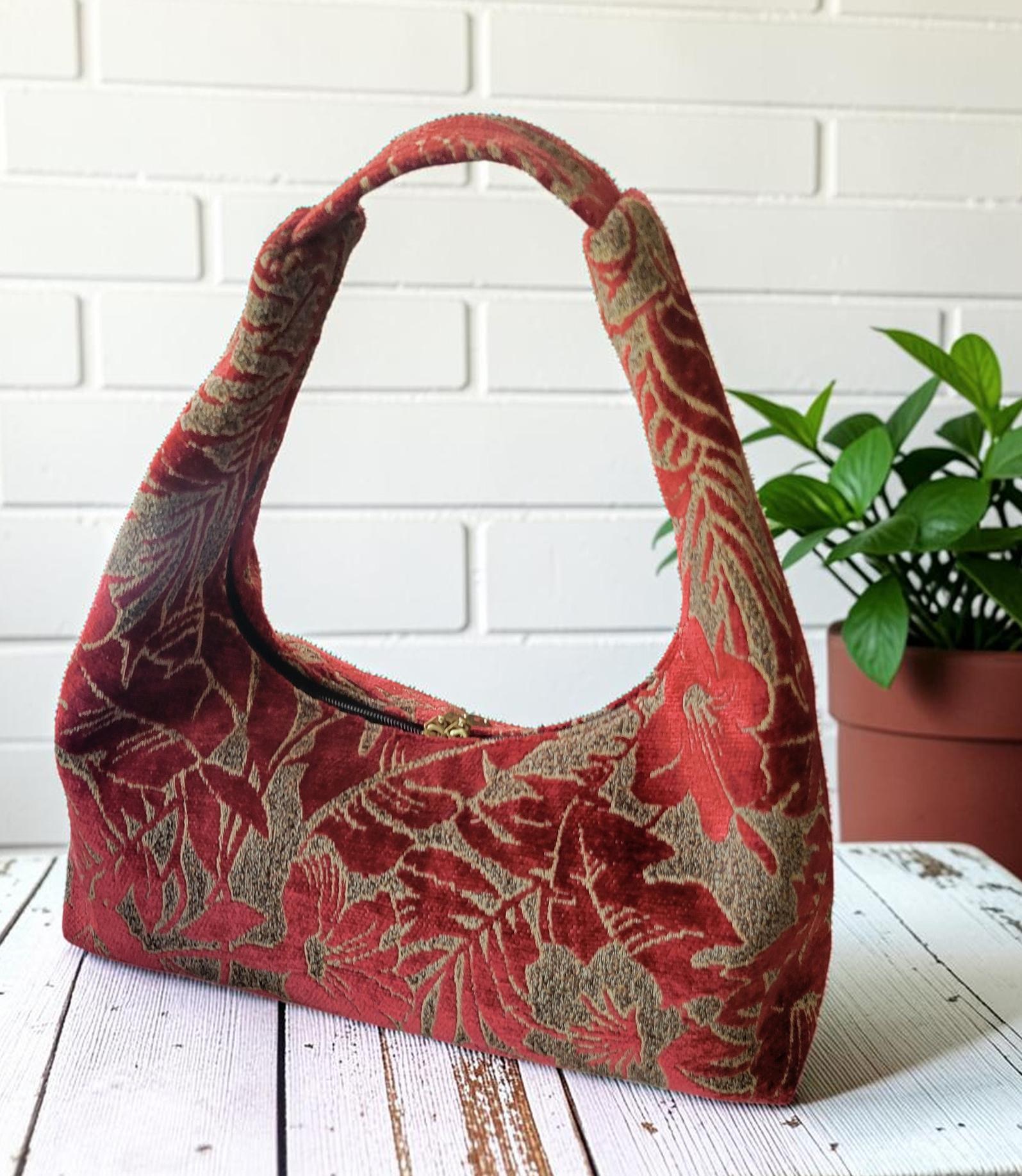 Red Chenille Hobo Bag, Bronze Floral Upholstery Fabric Shoulder Bag, Handmade Slouchy Statement Handbag, view 16