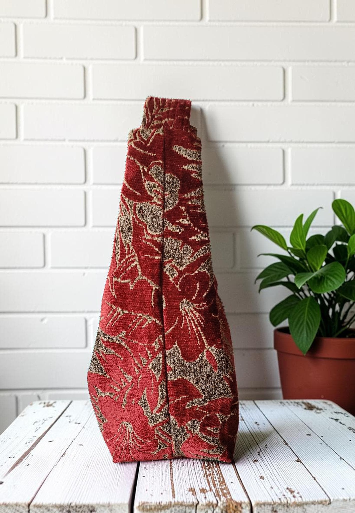 Red Chenille Hobo Bag, Bronze Floral Upholstery Fabric Shoulder Bag, Handmade Slouchy Statement Handbag, view 2