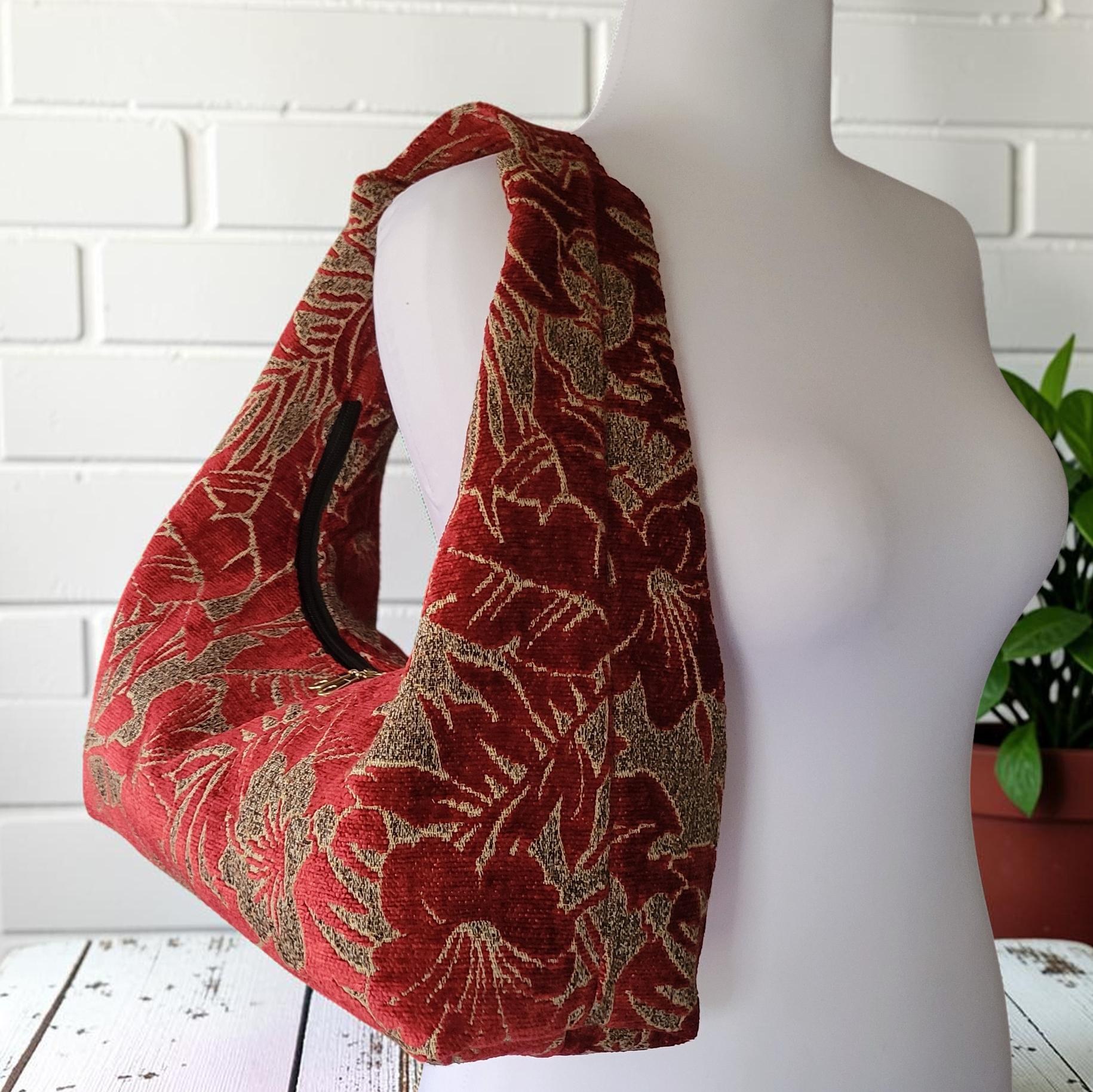Red Chenille Hobo Bag, Bronze Floral Upholstery Fabric Shoulder Bag, Handmade Slouchy Statement Handbag, view 3